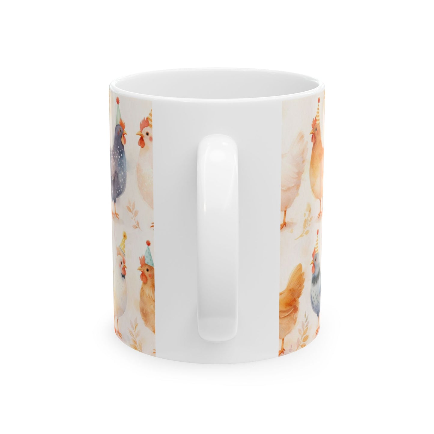 Cute Farm Chicken Mug — Watercolor Hens with Party Hats (11oz, 15oz)