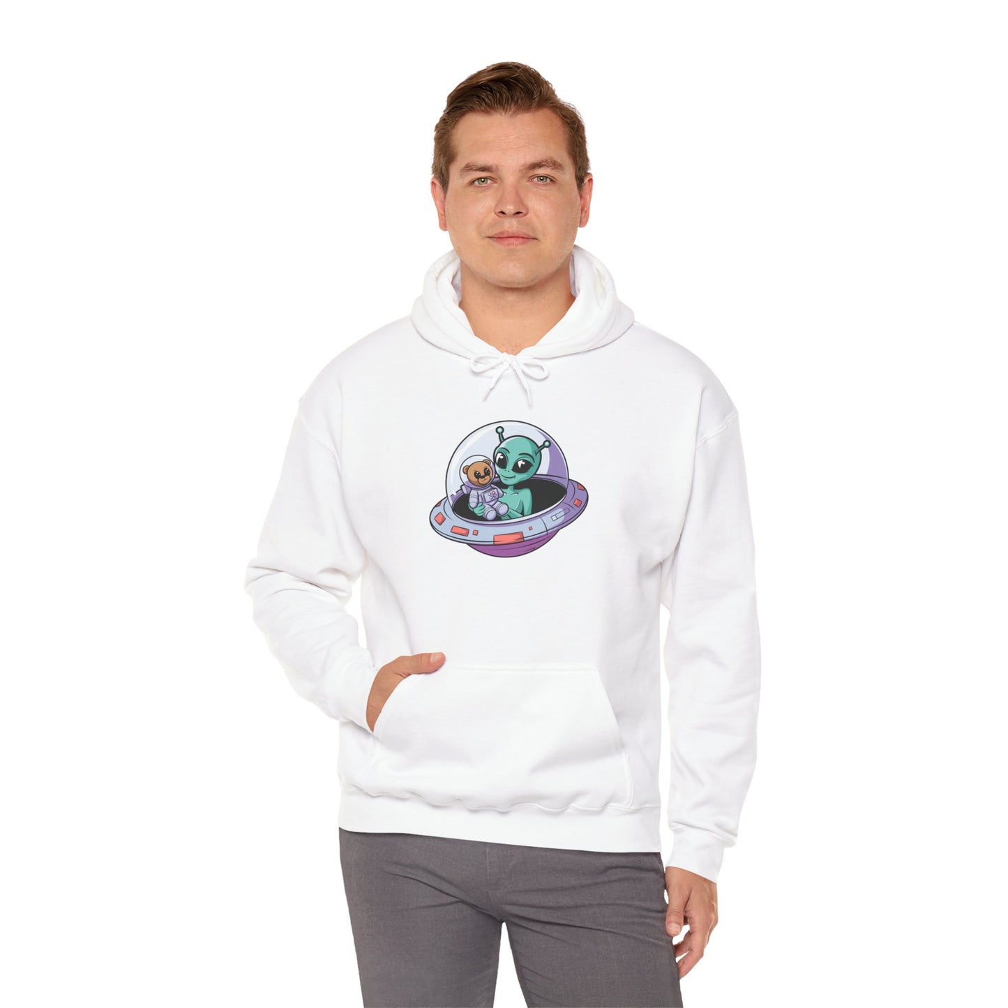 Cute Alien and Kid Hoodie, Unisex Heavy Blend Sweatshirt, UFO Lover Gift, Halloween Costume, Space-Themed Outfit, Birthday Present