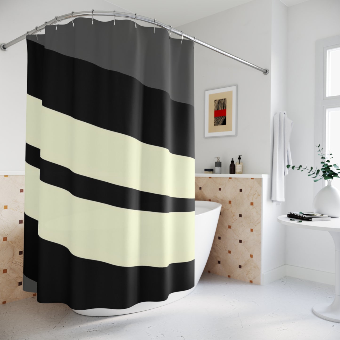 Modern Black & Cream Wave Shower Curtain — Minimal Bathroom Décor