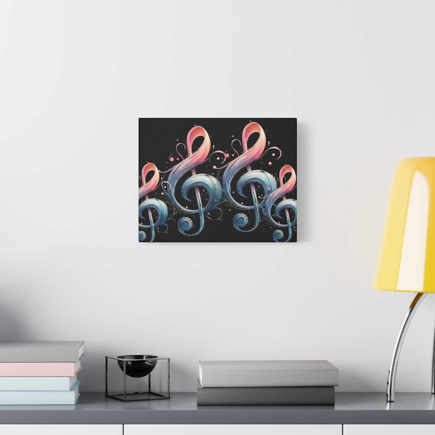 Musical Treble Clef Canvas Wall Art — Pastel Ribbon Notes on Black
