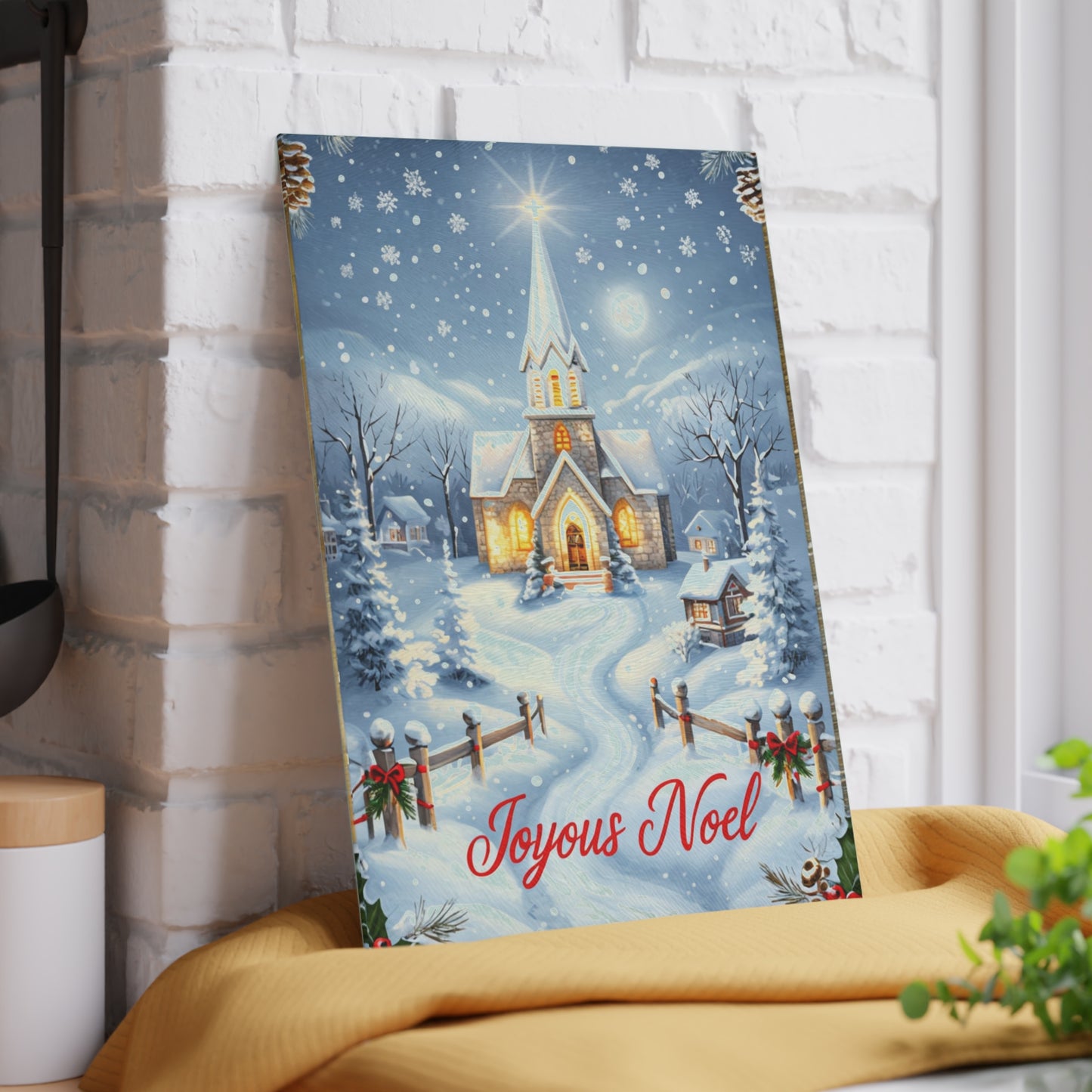Glass Cutting Board — Joyeux Noël Winter Church Scene Holiday Kitchen Decor