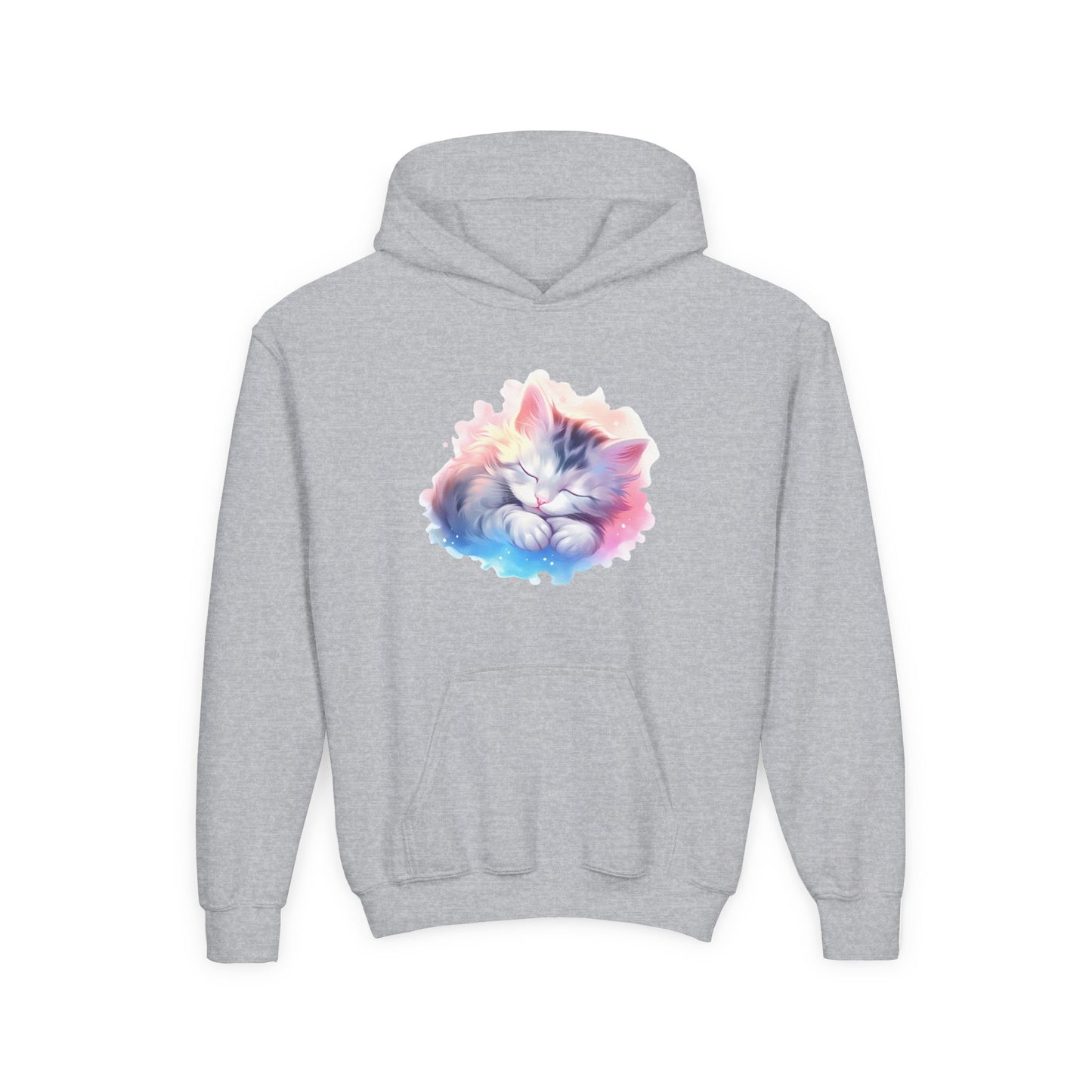 Kids' Cozy Rainbow Kitten Hoodie — Cute Sleeping Cat Youth Sweatshirt