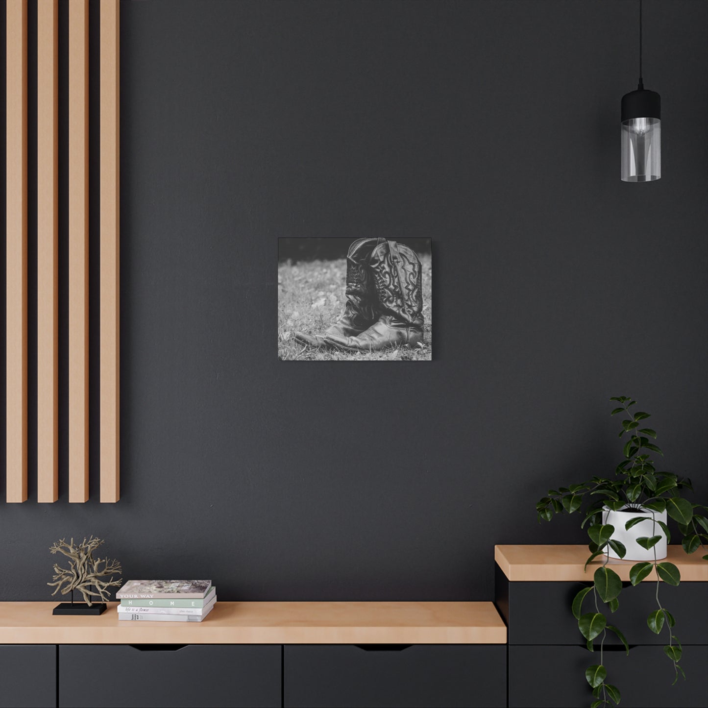 Western Cowboy Boots Matte Canvas Wall Art – Black & White Rustic Country Decor
