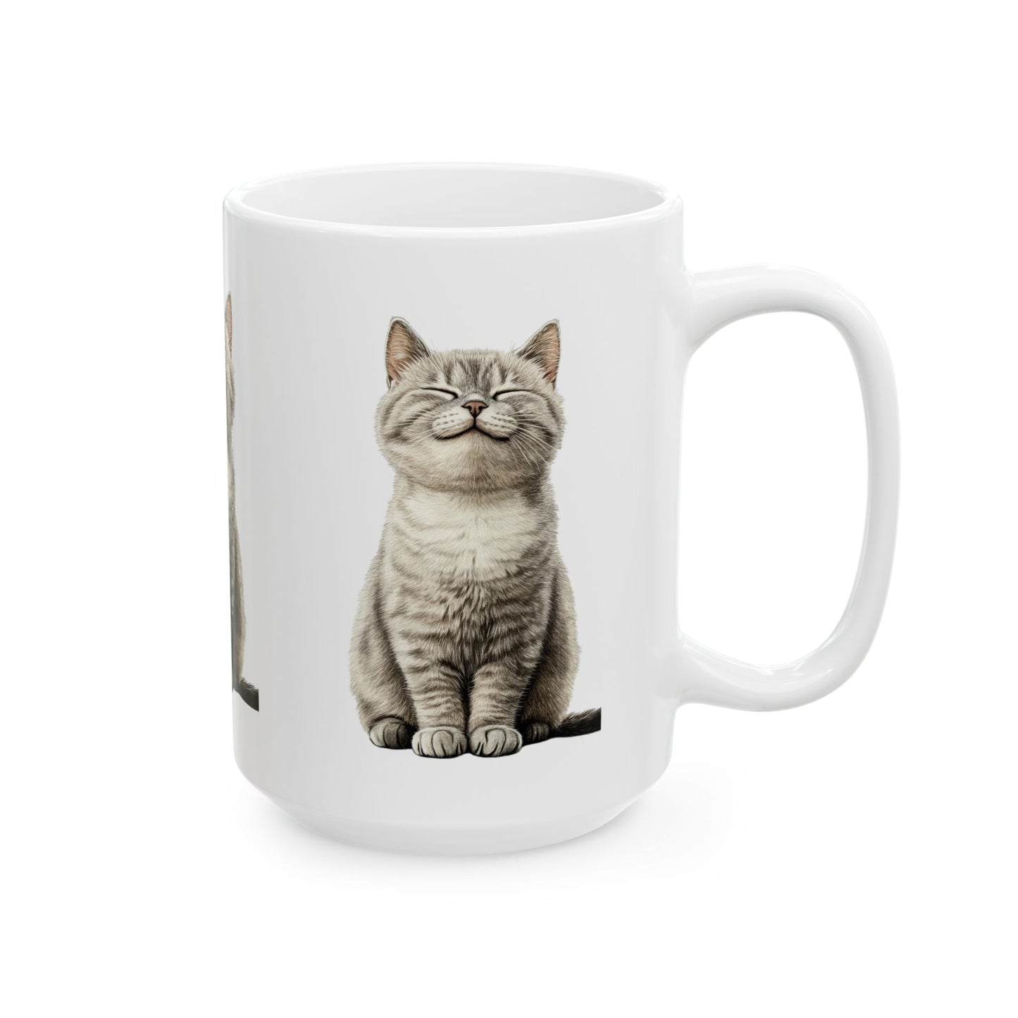 Smiling Grey Tabby Cat Ceramic Mug — Cute Cat Lover Coffee Cup (11oz & 15oz)