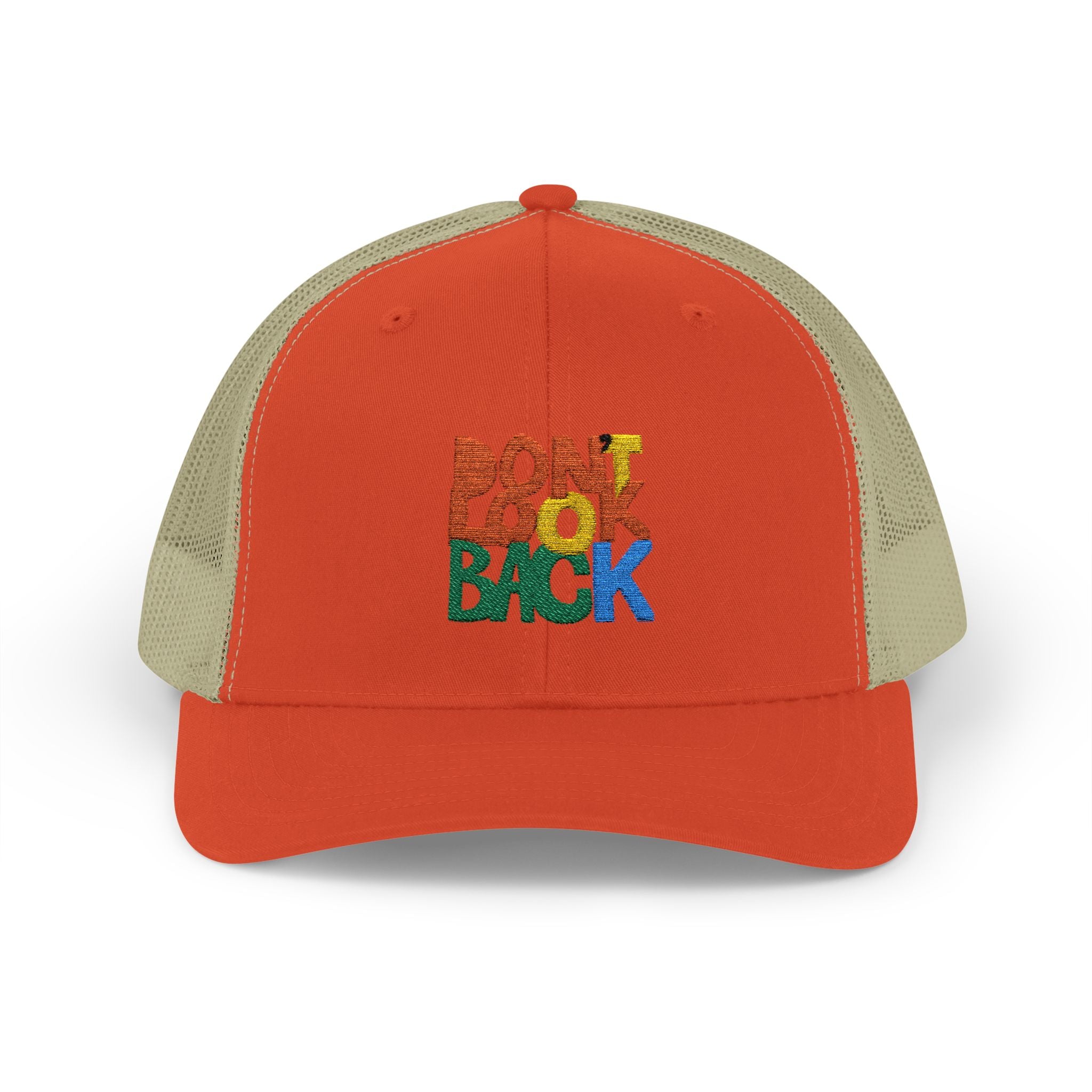 Don’t Look Back Snapback Trucker Cap — Retro Rainbow Embroidered Hat