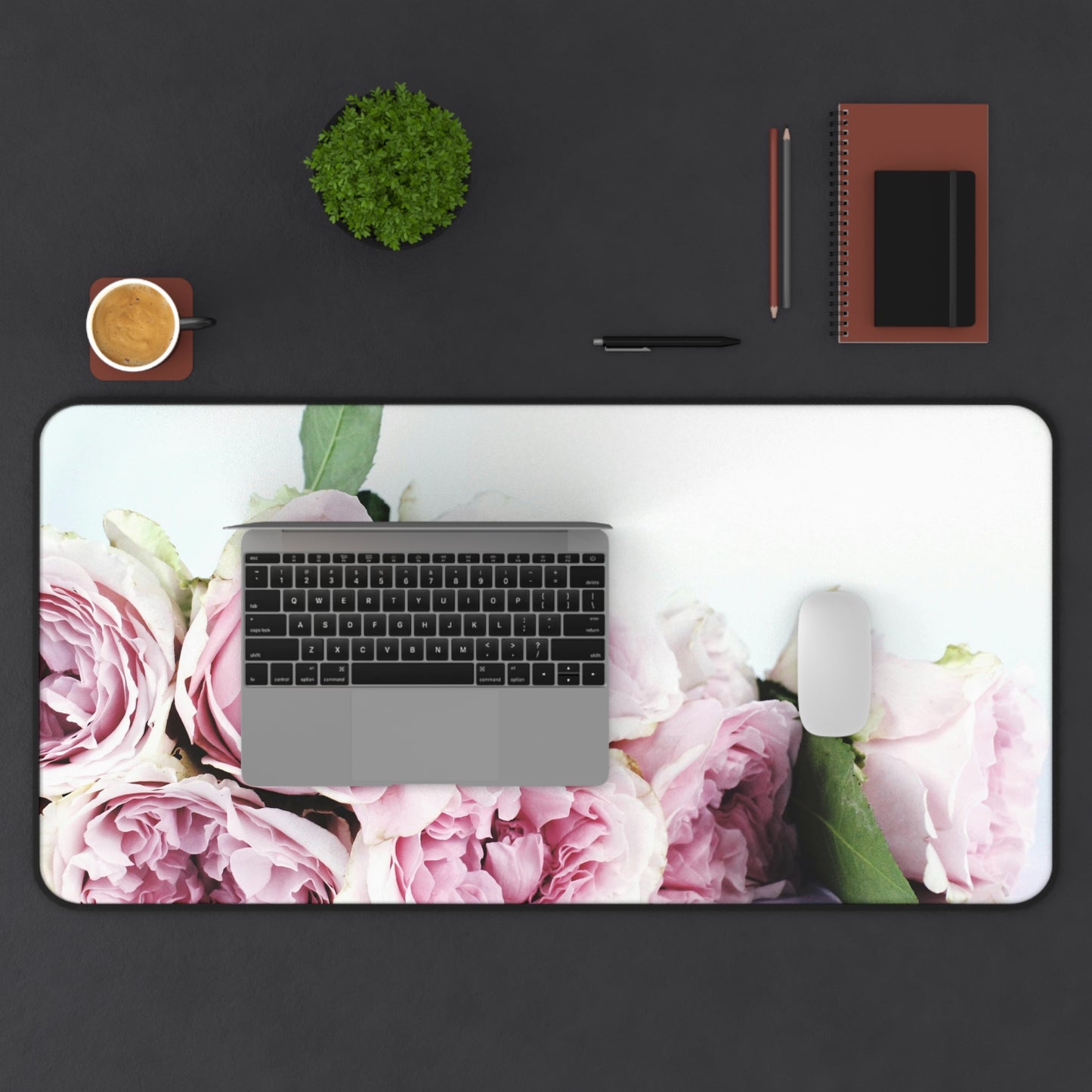 Floral Rose Desk Mat — Pink Peony Bouquet Mouse Pad for Office & Home