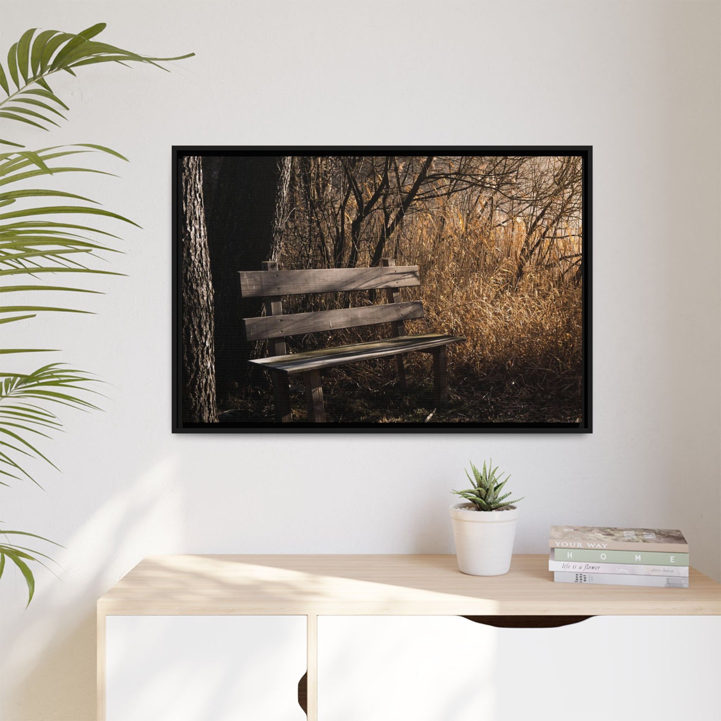Framed Matte Canvas Print — Autumn Park Bench Photography