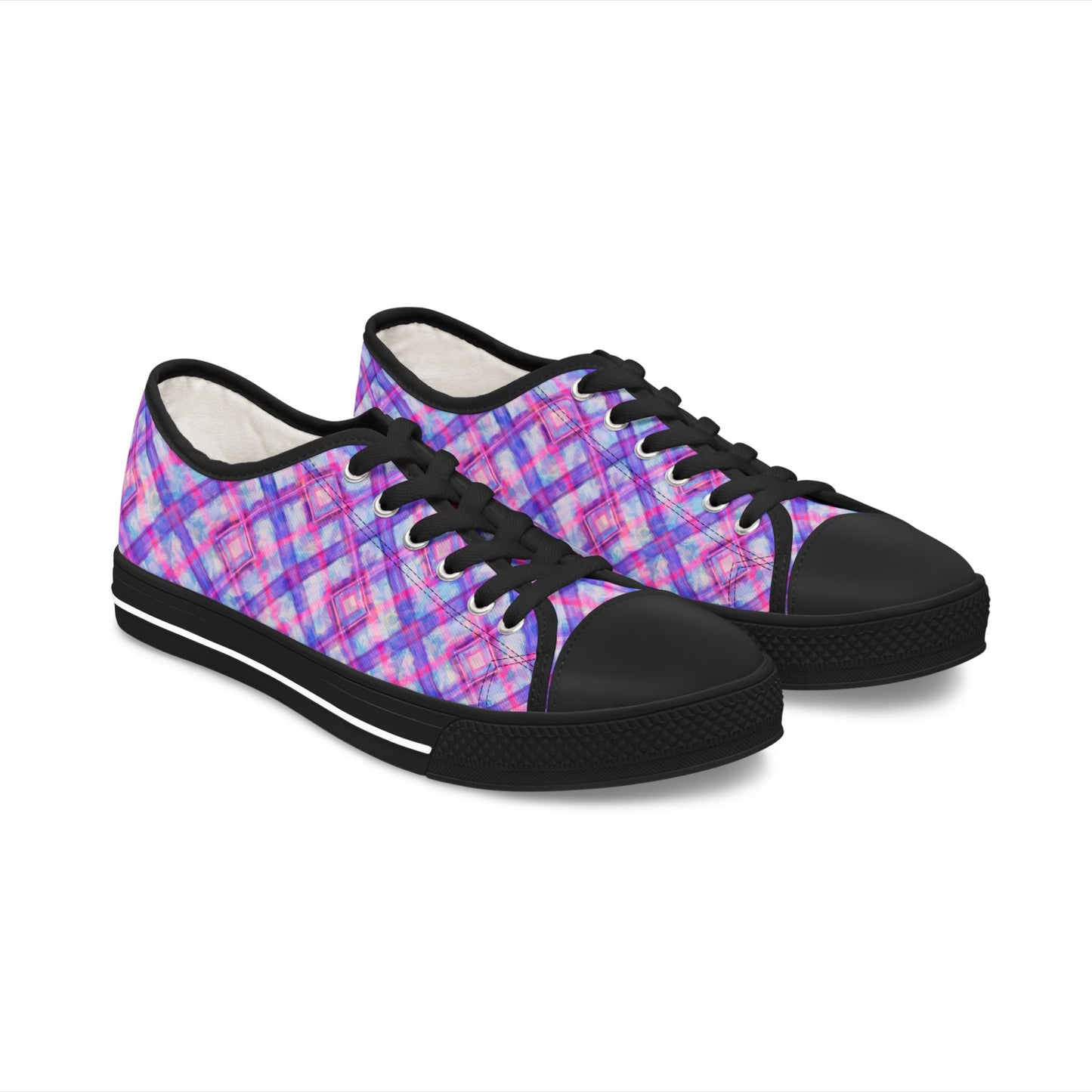 Women's Low Top Sneakers — Pink Purple Plaid Casual Canvas Shoes