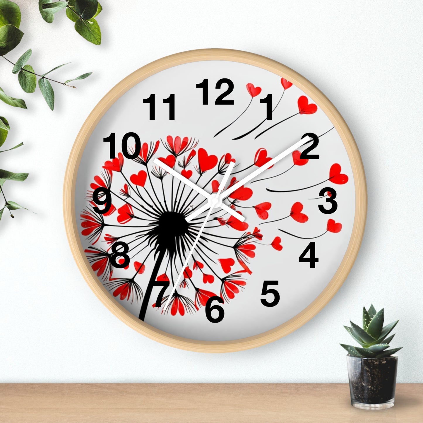 Heart Dandelion Wall Clock — Romantic Red Heart Seeds Decorative Clock