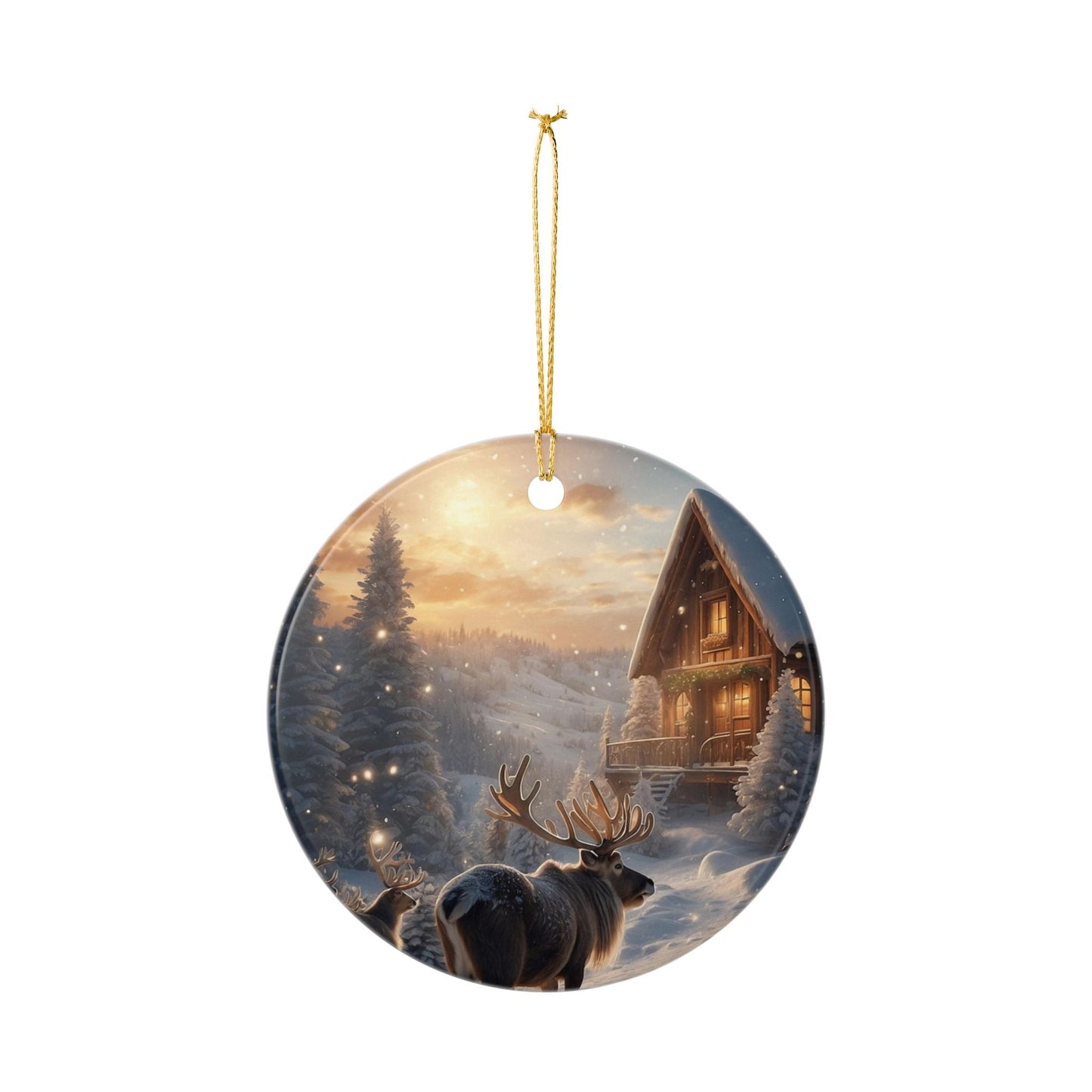 Rustic Winter Cabin Ceramic Ornament — Reindeer Scene Holiday Tree Decoration