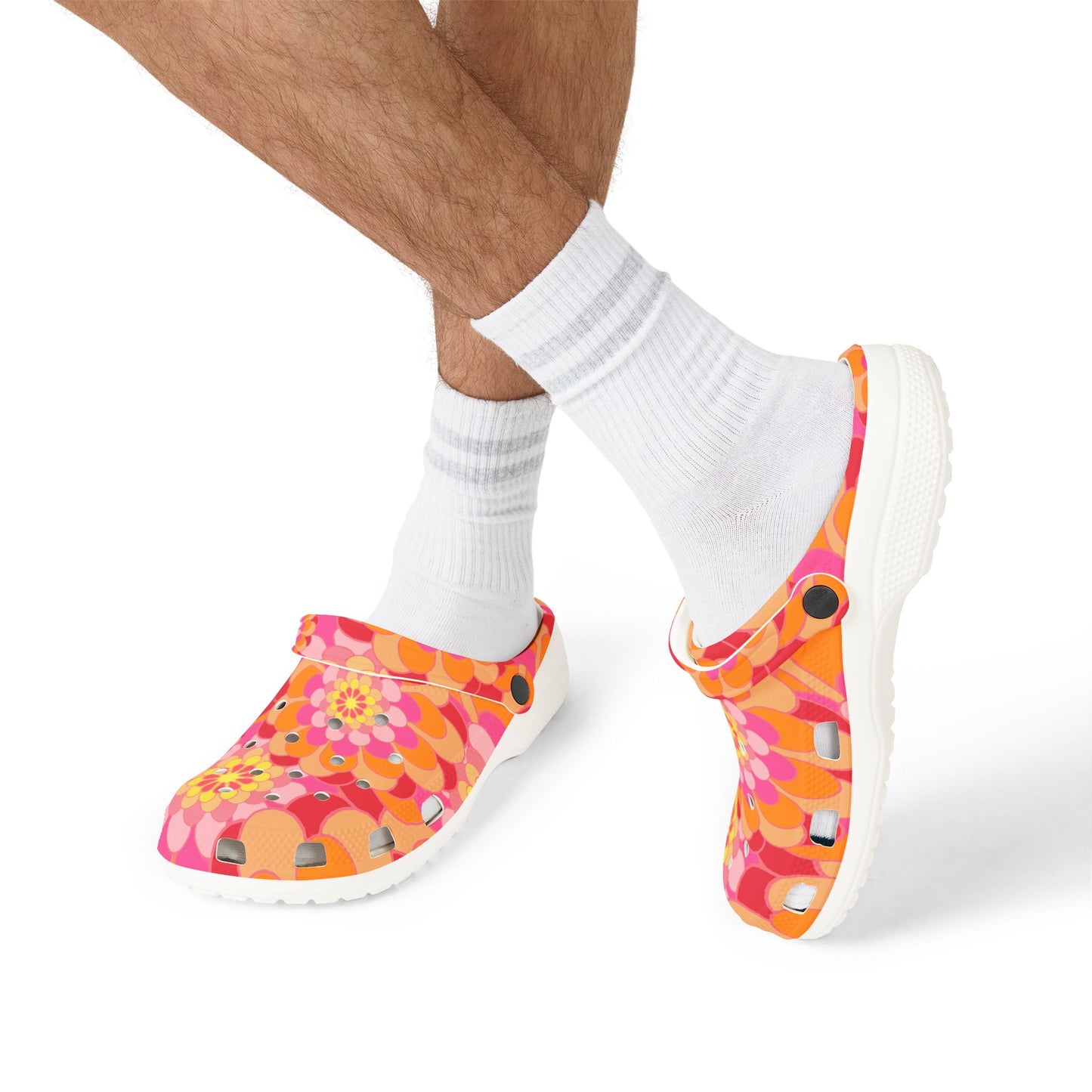 Floral Retro Foam Clogs — Pink Orange Psychedelic Garden Slip-Ons
