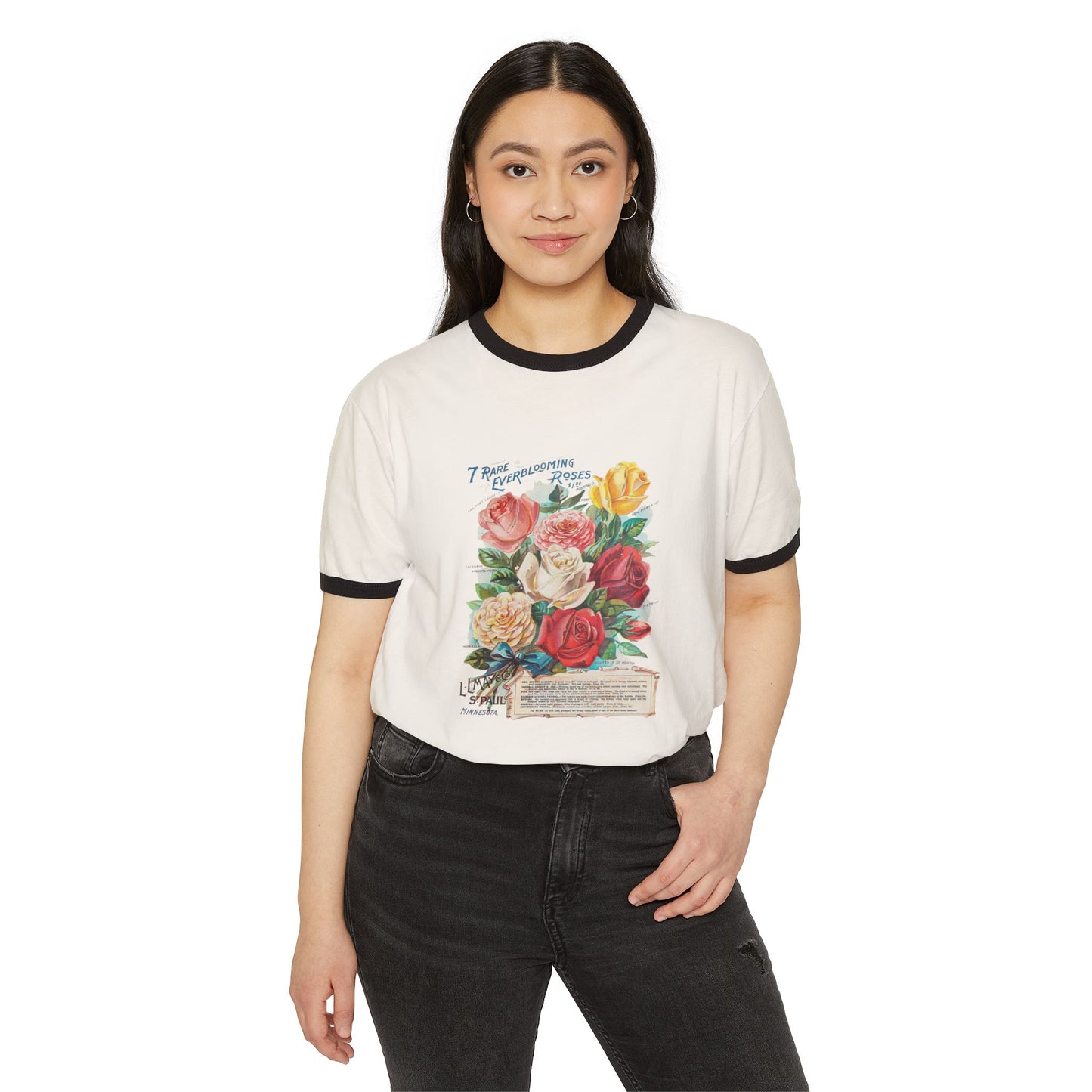Ringer T-Shirt - Vintage Botanical Rose Bouquet (Includes Floral Text)