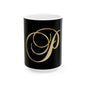 Gold Script Letter P Ceramic Mug – Elegant Monogram Coffee Cup (11oz, 15oz)