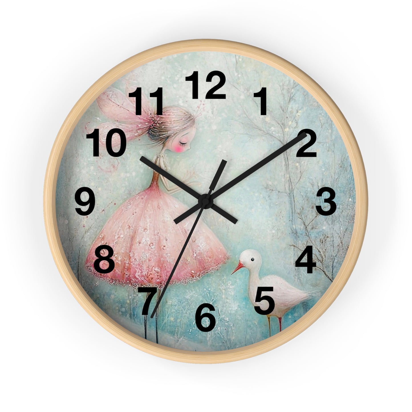 Whimsical Girl & Swan Wall Clock — Pastel Nursery Decor