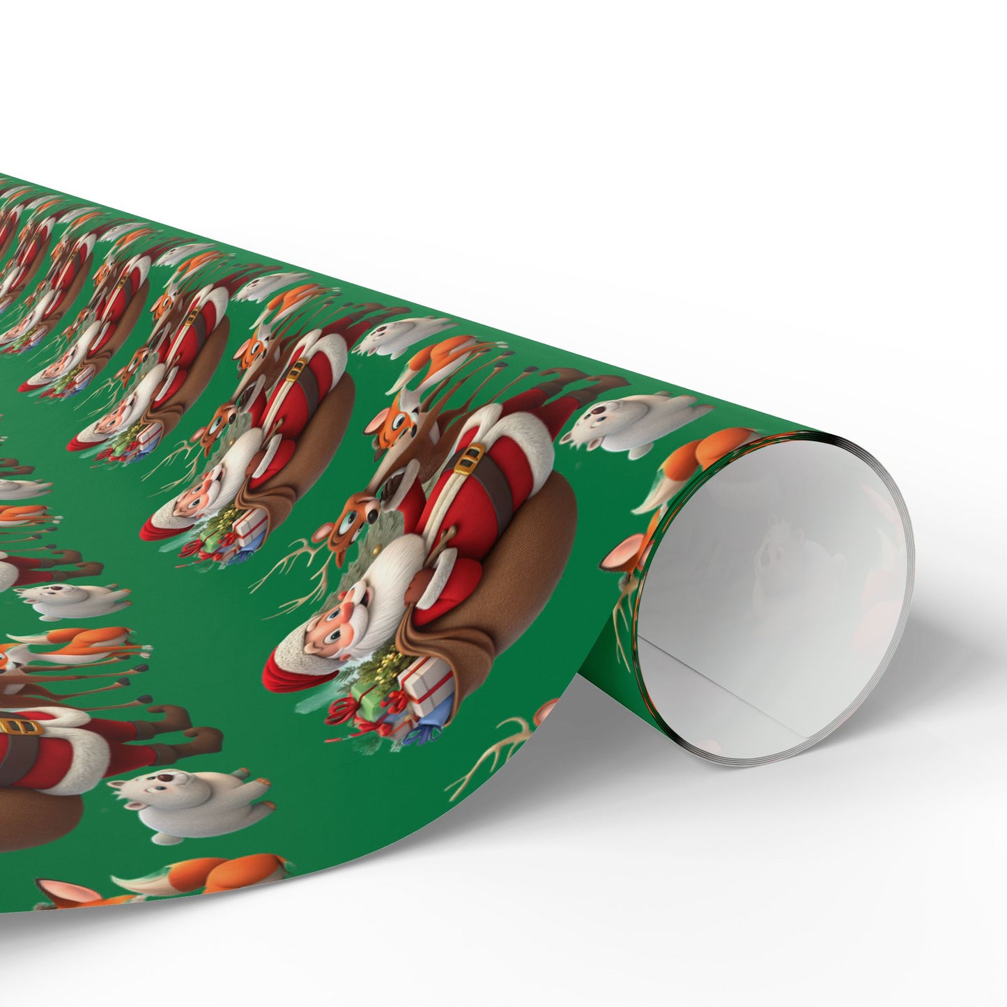 Christmas Santa & Reindeer Wrapping Paper Roll — Festive Green Holiday Gift Wrap