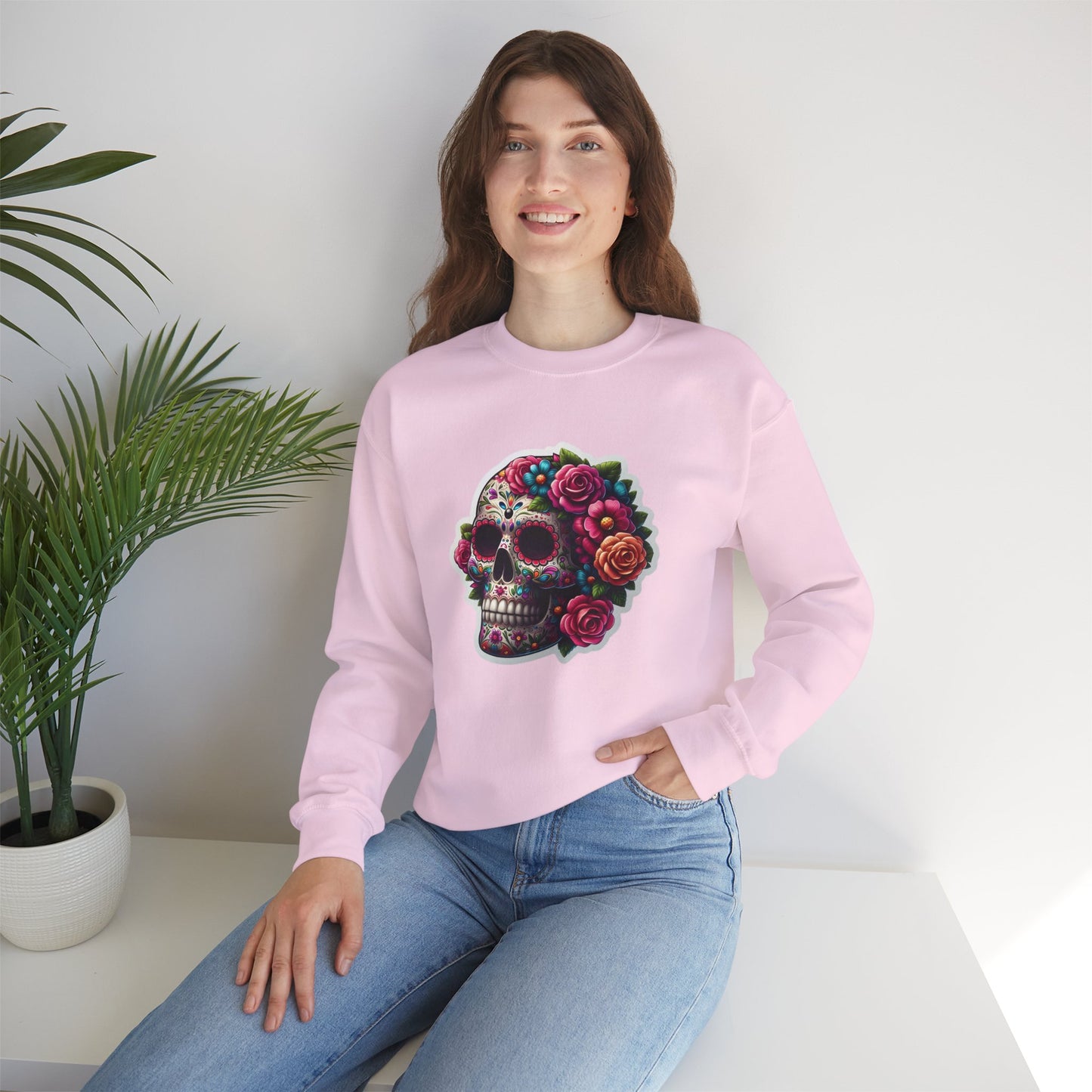 Sugar Skull Crewneck Sweatshirt — Floral Day of the Dead Graphic