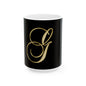 Gold Script Letter G Ceramic Mug — Elegant Monogram Coffee Cup (11oz/15oz)