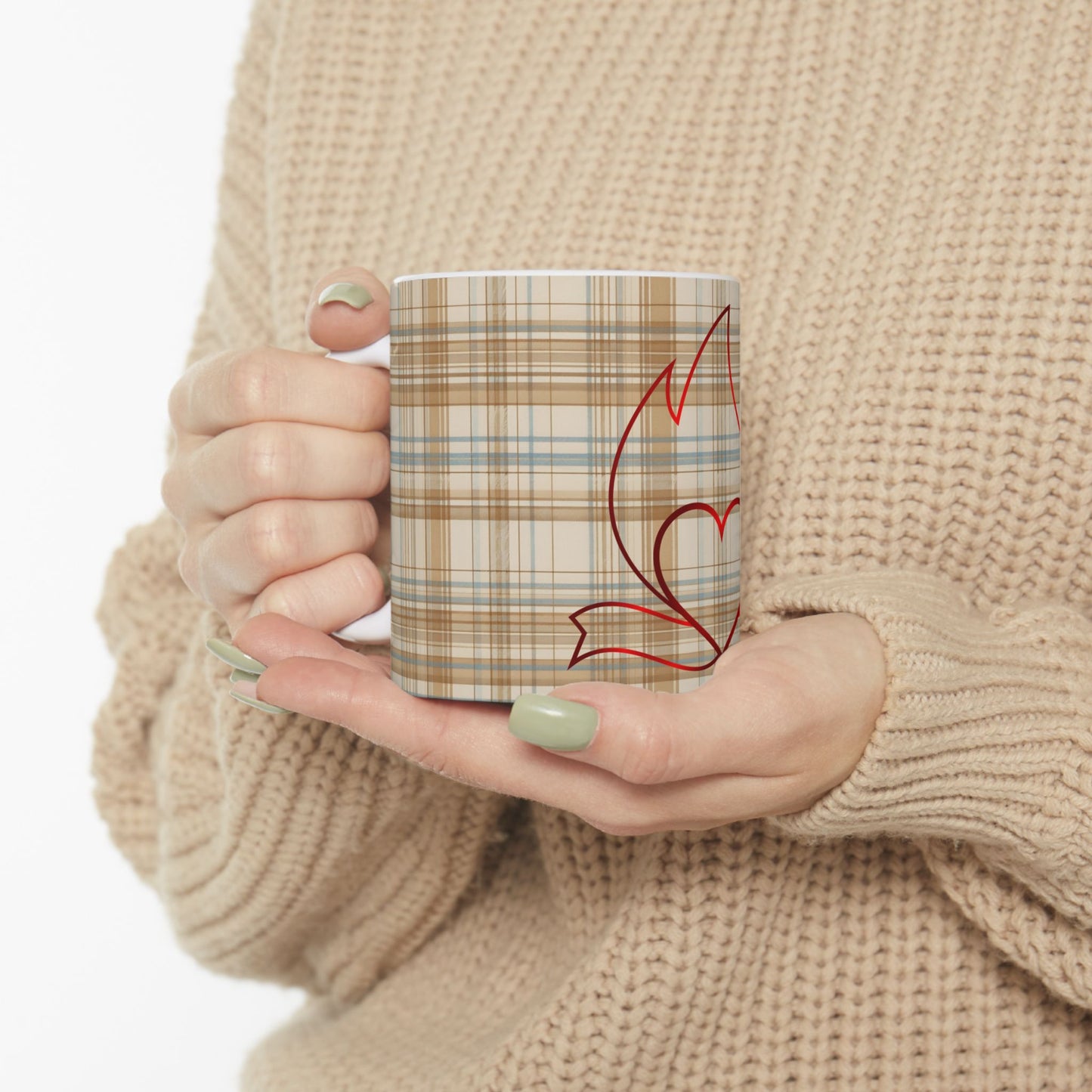 Plaid Heart Flame Ceramic Mug – Cozy Rustic Coffee Cup (11oz/15oz)