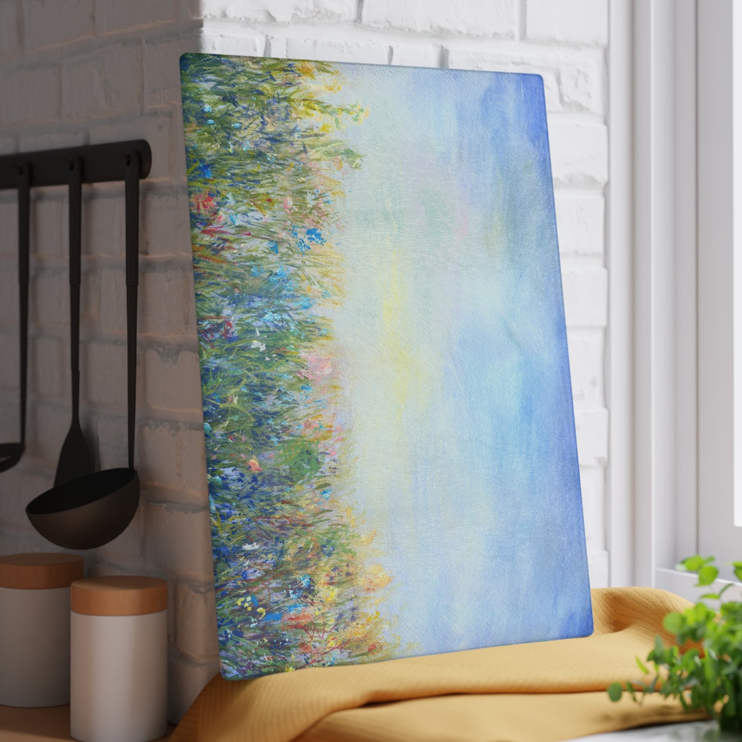 Glass Cutting Board — Soft Pastel Wildflower Meadow Print