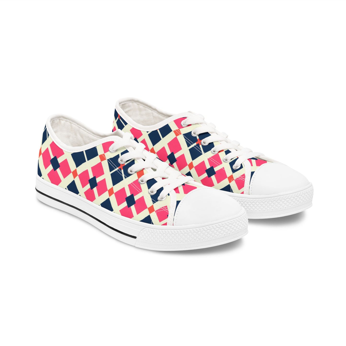 Argyle Pattern Low Top Sneakers — Pink Navy Geometric Casual Shoes