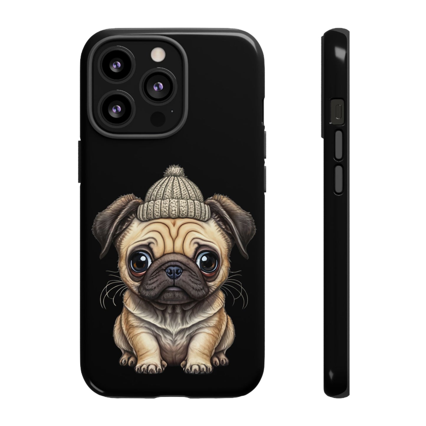 Pug Phone Case – Cute Pug Puppy Illustration on Black Tough Case