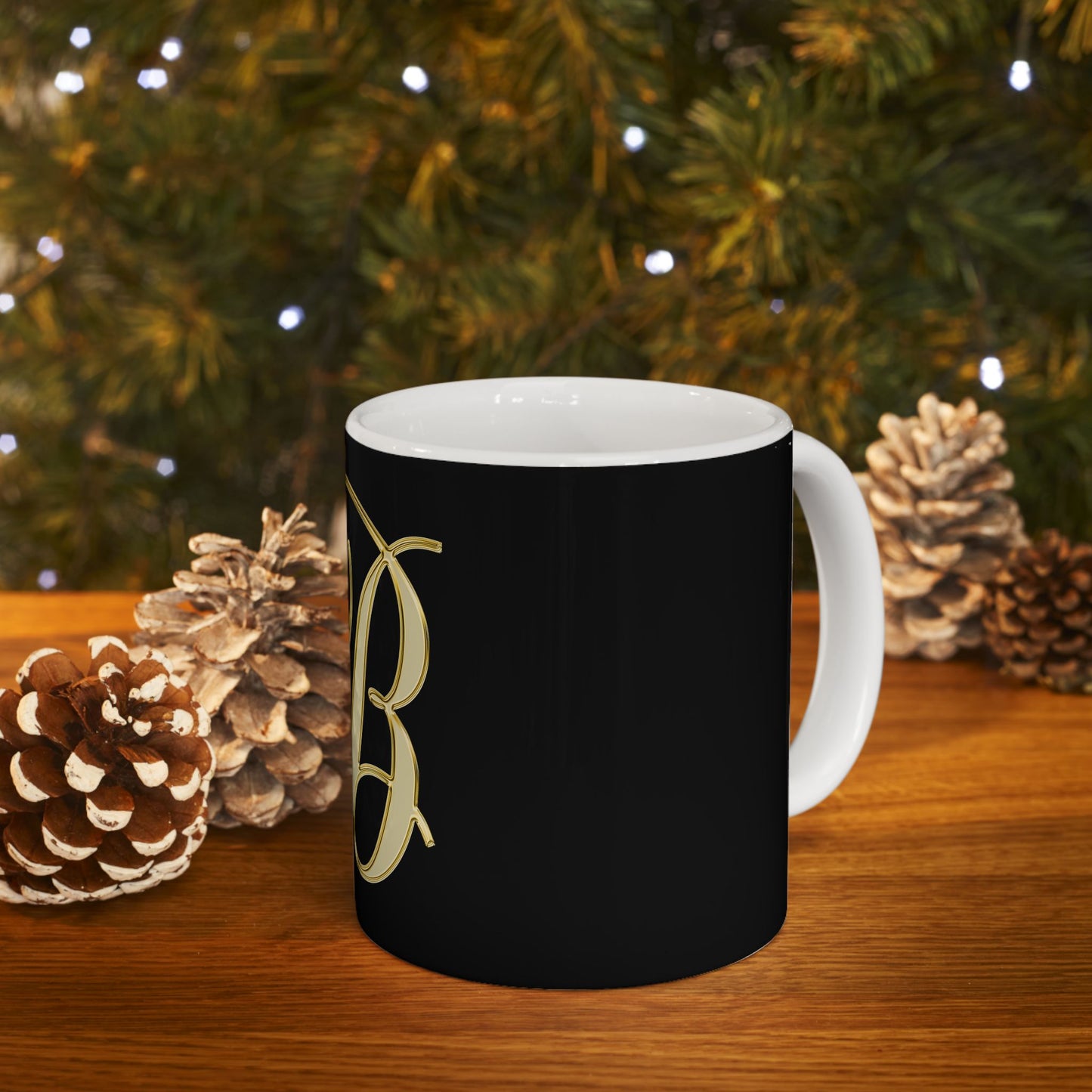 Monogram B Ceramic Mug — Elegant Gold Script Initial on Black (11oz, 15oz)