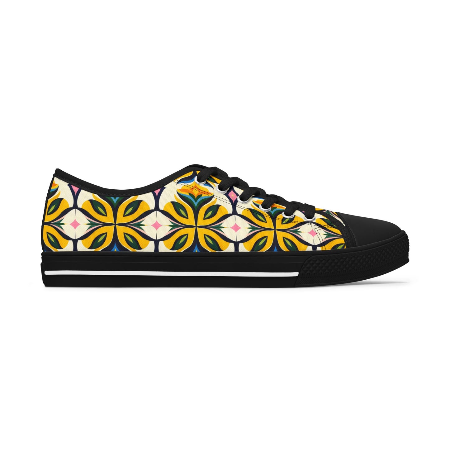 Floral Geometric Low Top Sneakers — Yellow Retro Tile Pattern