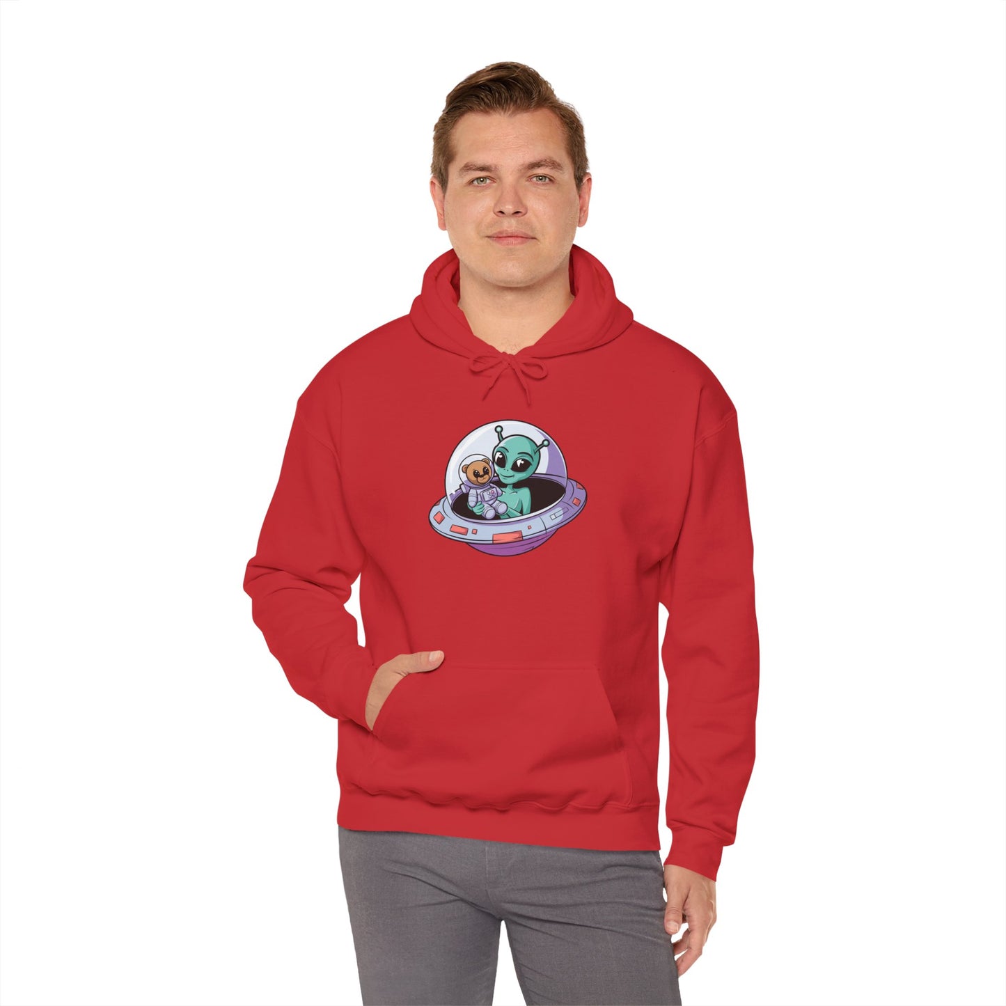 Cute Alien and Kid Hoodie, Unisex Heavy Blend Sweatshirt, UFO Lover Gift, Halloween Costume, Space-Themed Outfit, Birthday Present