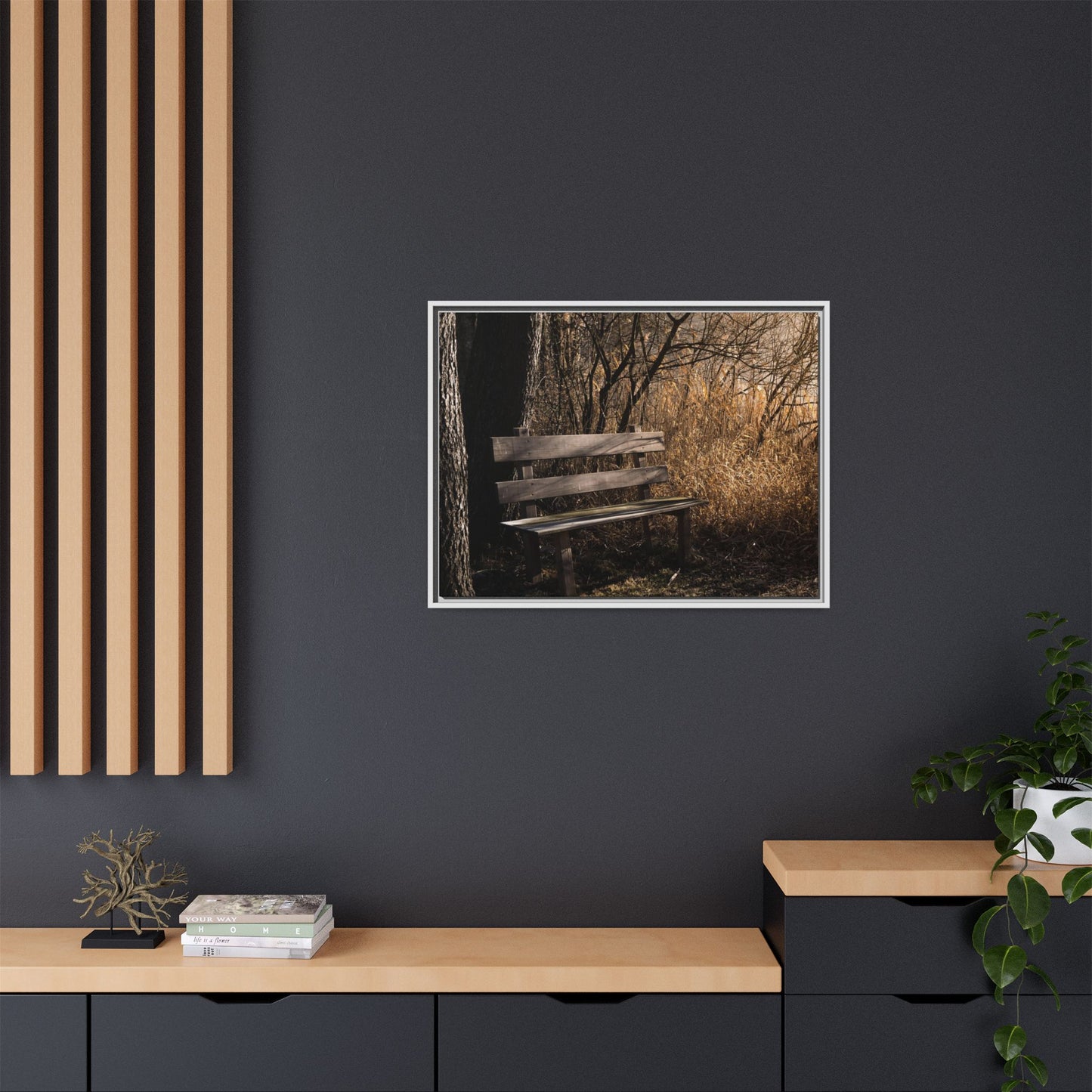 Framed Matte Canvas Print — Autumn Park Bench Photography