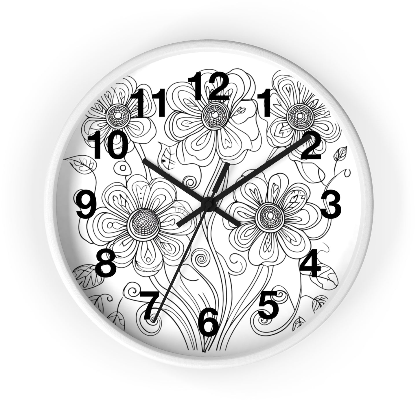 Floral Doodle Wall Clock — Black & White Hand-Drawn Flower Timepiece