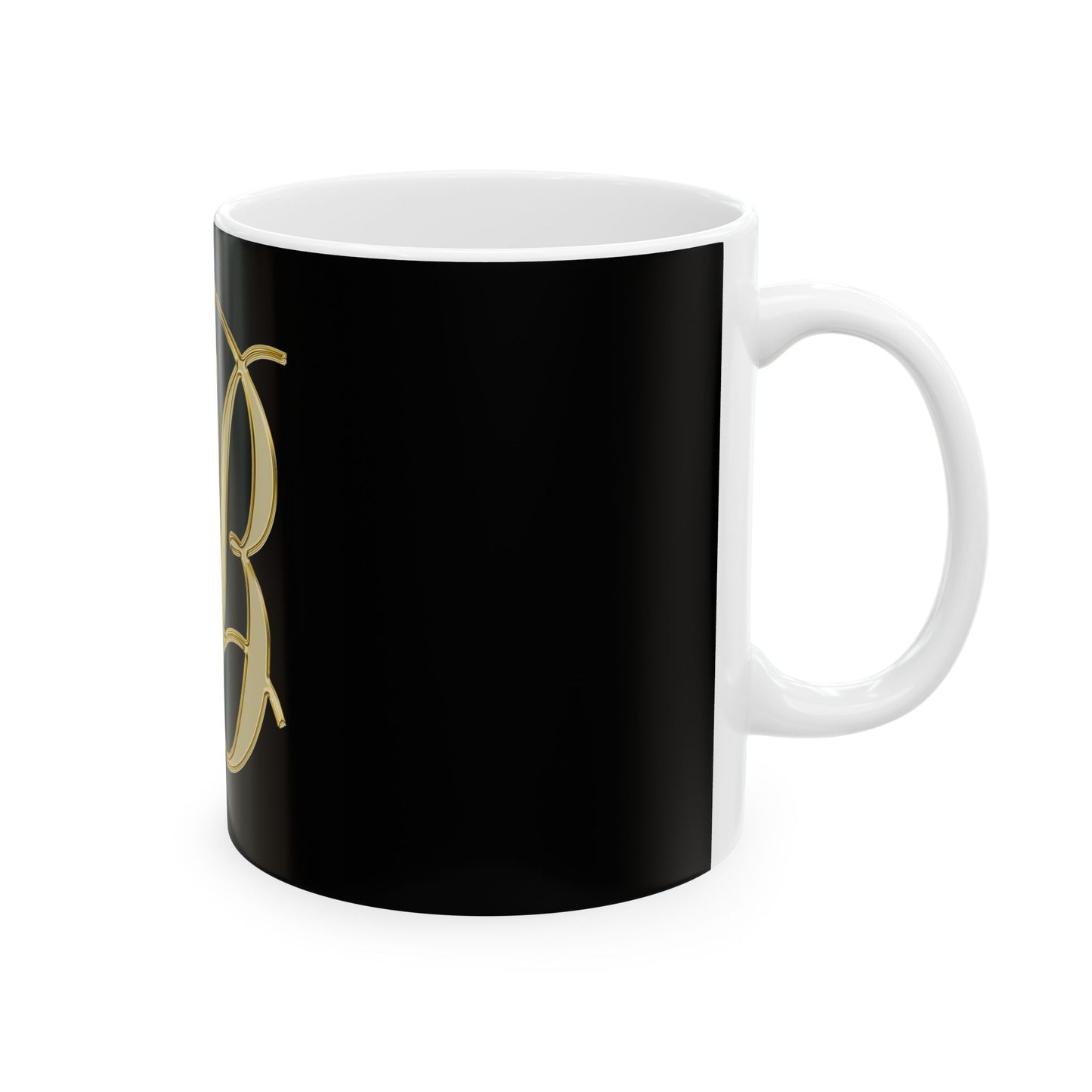 Monogram B Ceramic Mug — Elegant Gold Script Initial on Black (11oz, 15oz)