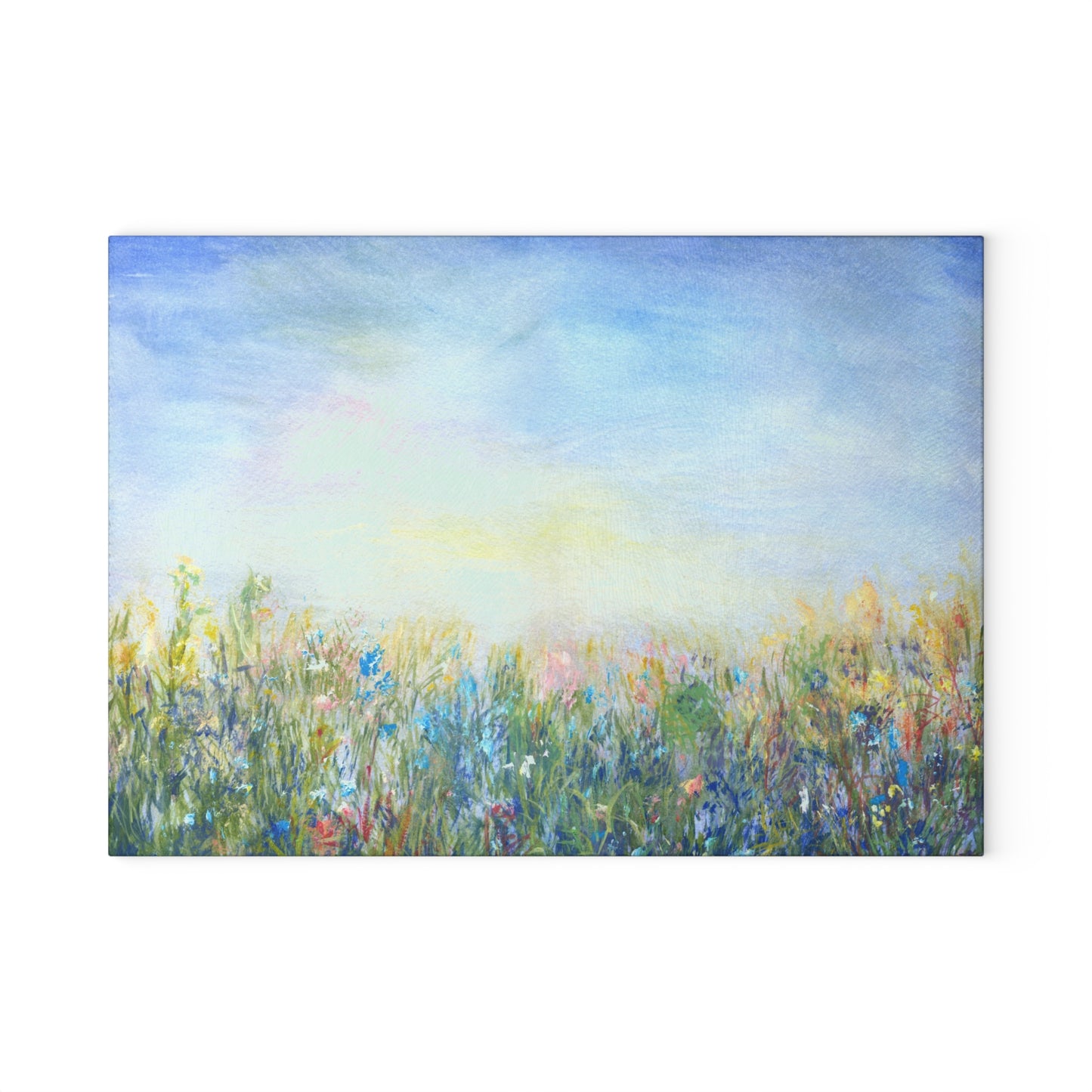 Glass Cutting Board — Soft Pastel Wildflower Meadow Print