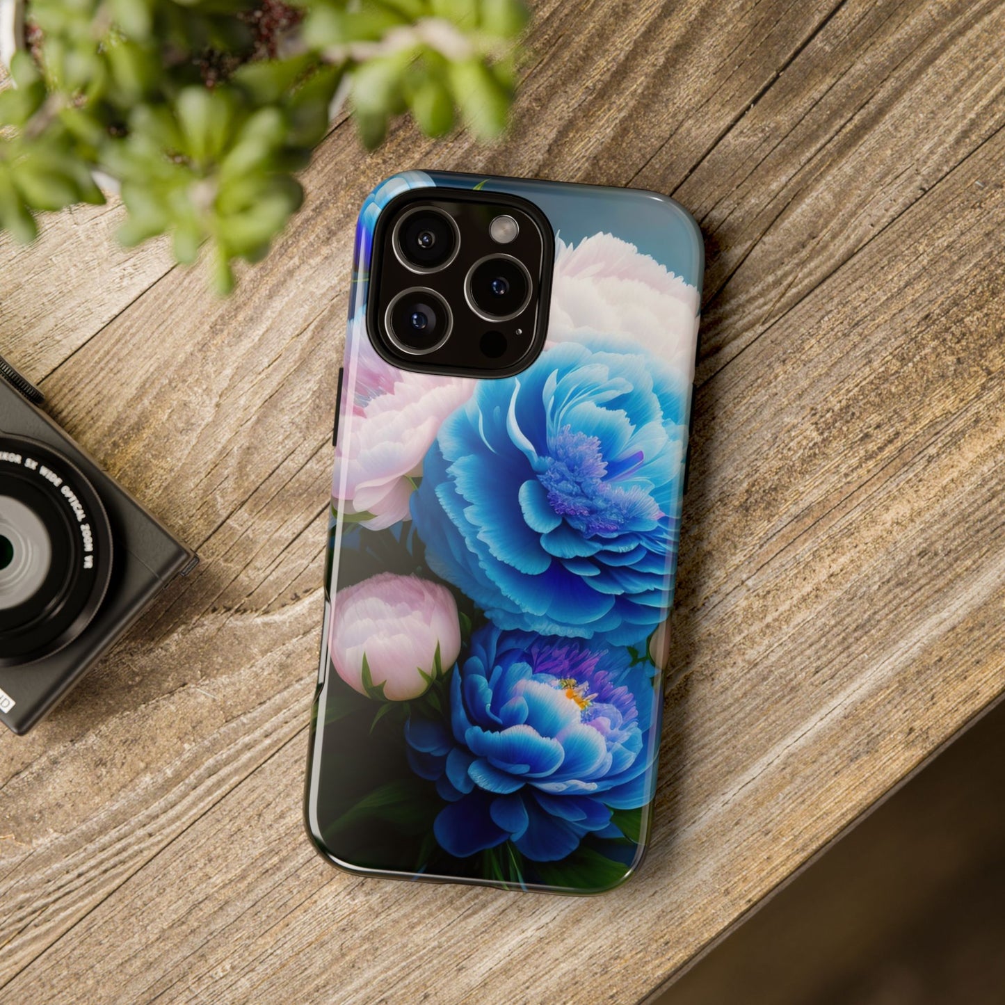Floral Blue Peony Phone Case — Protective Tough Case with Pink & Blue Blooms