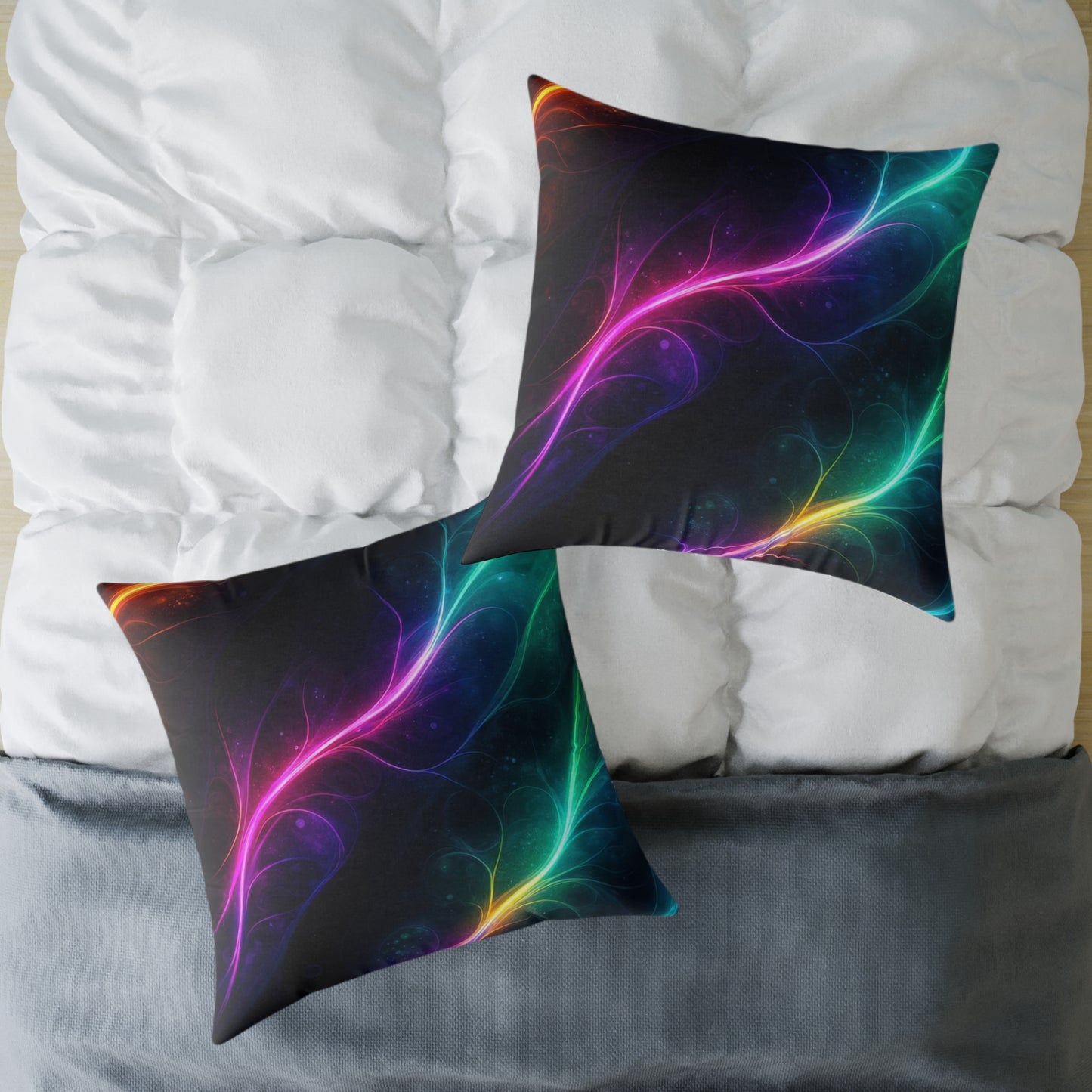 Neon Aurora Abstract Square Pillow — Vibrant Cosmic Decorative Throw Pillow