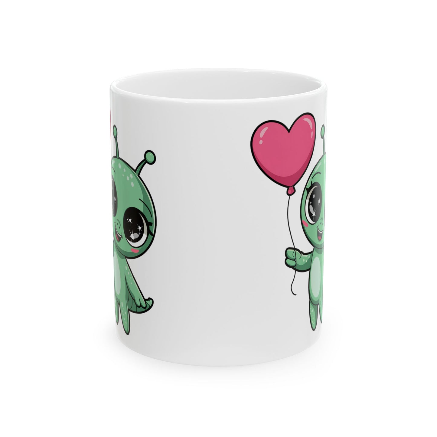 Cute Alien Holding Heart Balloon Ceramic Mug — 11oz & 15oz Gift Mug