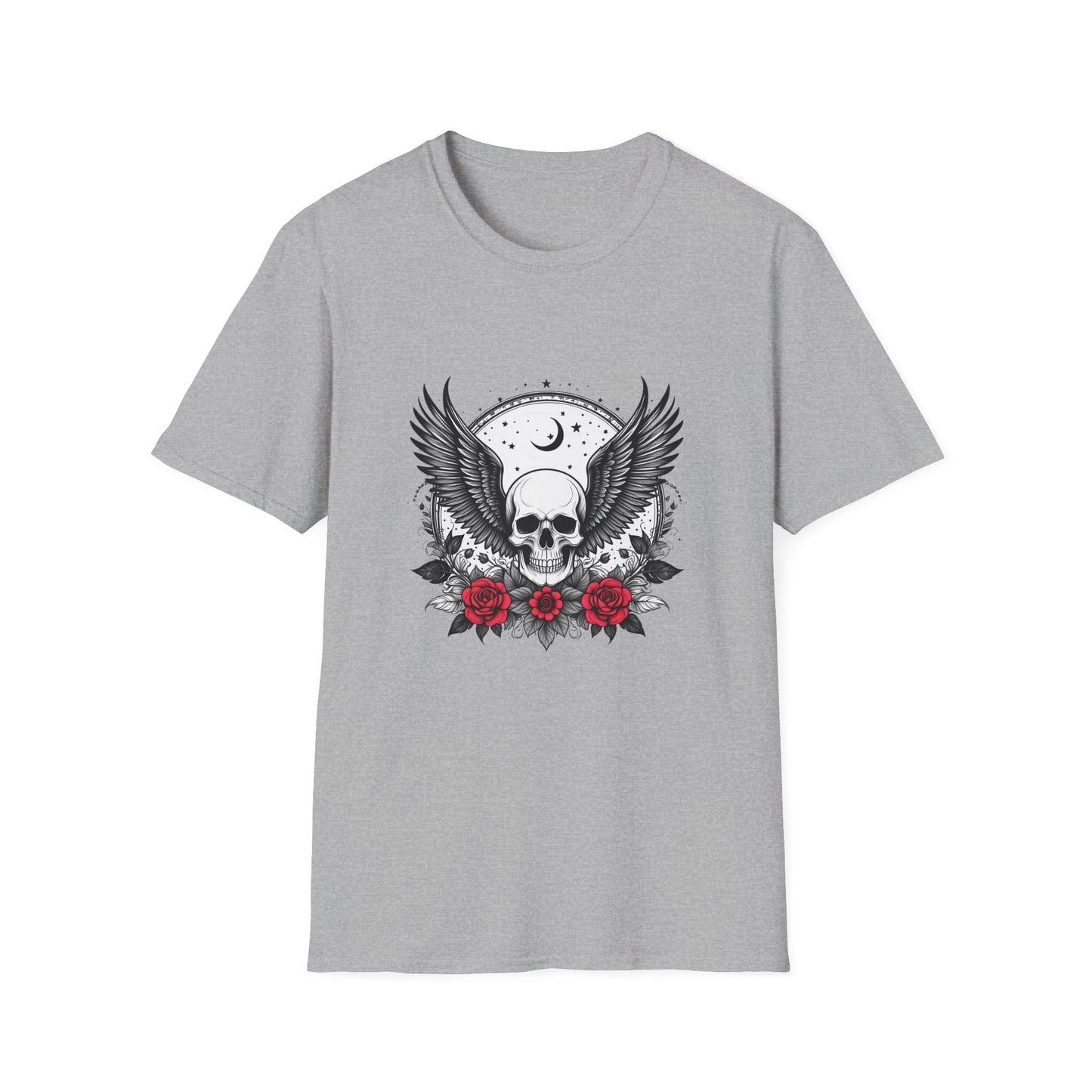 Skull Wings T‑Shirt – Crescent Moon & Red Roses Gothic Graphic Tee
