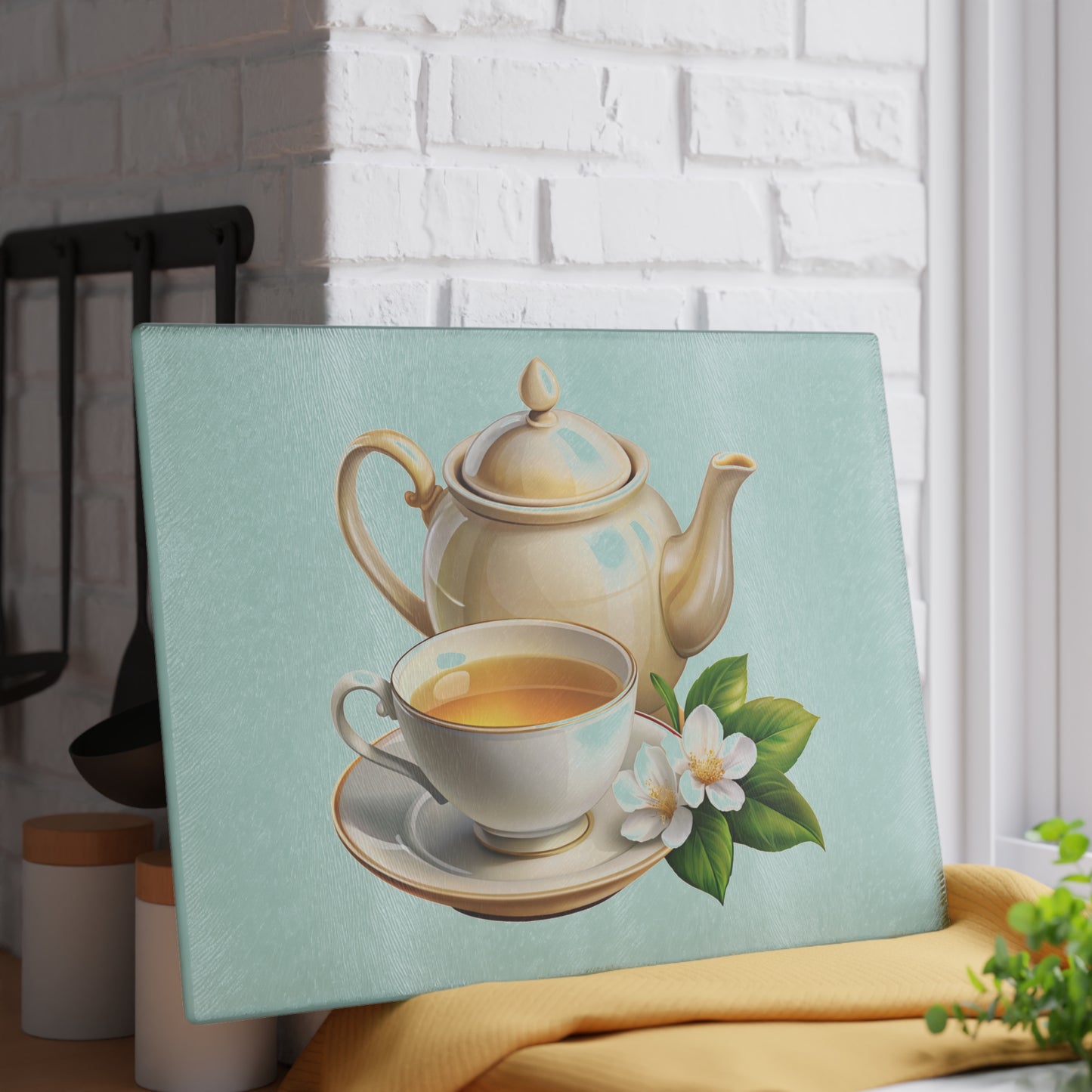 Elegant Tea Time Glass Cutting Board, Kitchen Decor, Gift for Tea Lovers, Housewarming, Birthday, Mother's Day