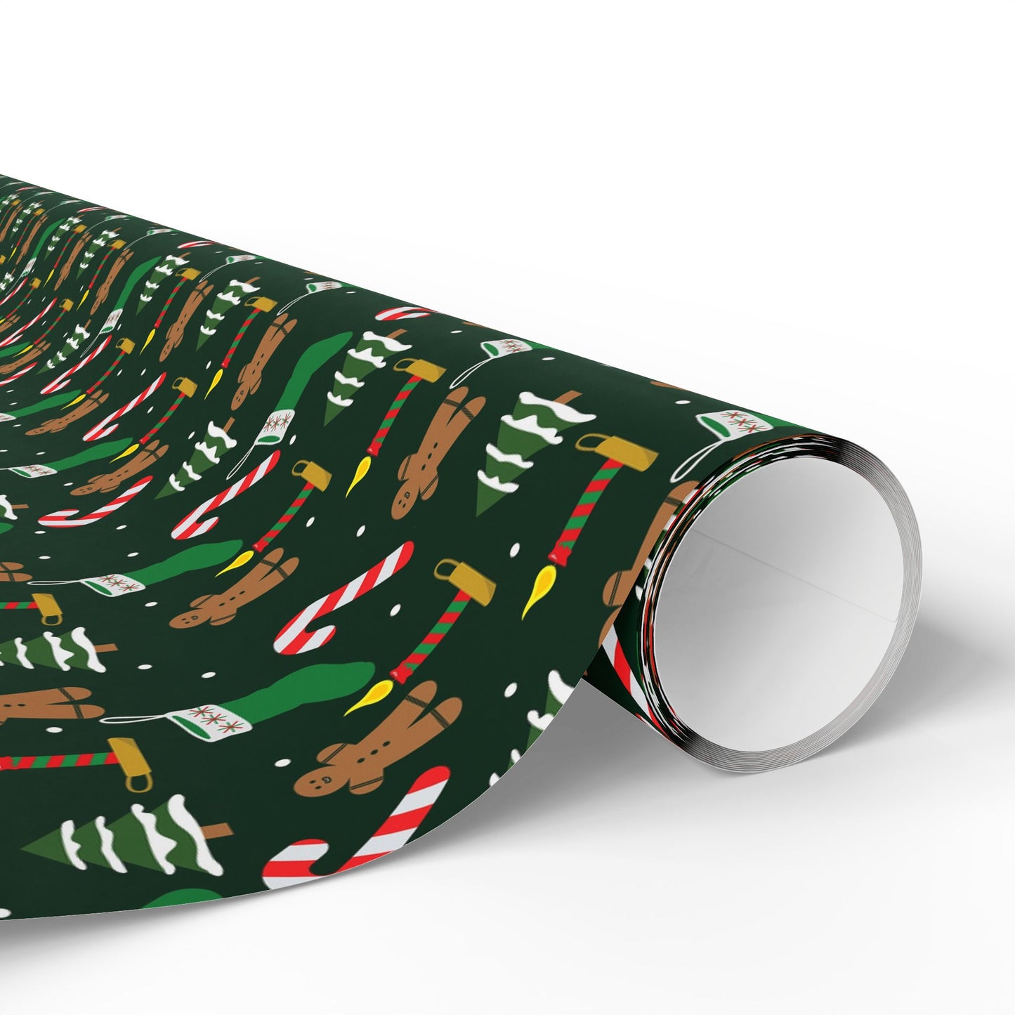 Christmas Wrapping Paper Roll — Gingerbread & Candy Cane Pattern on Dark Green