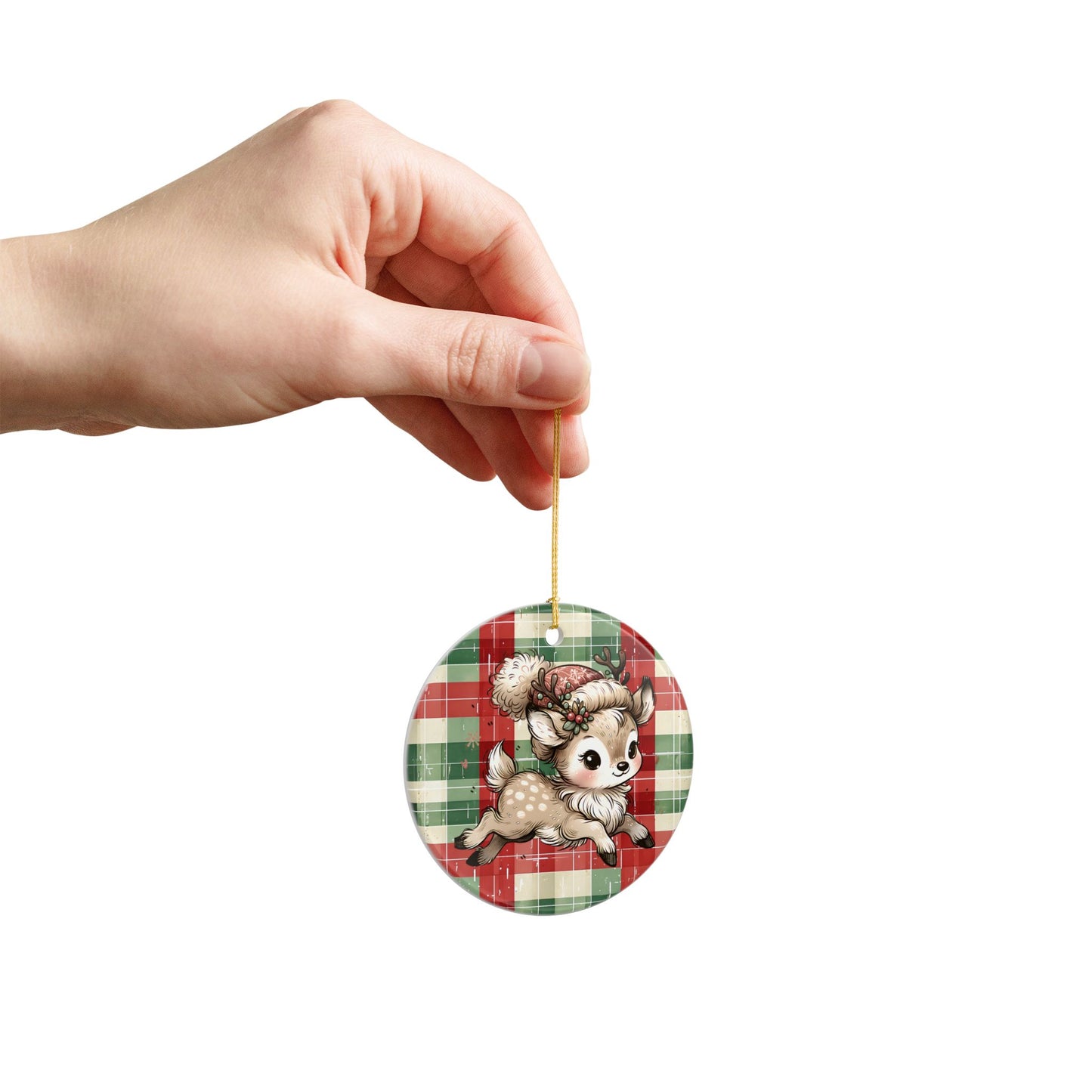Cute Reindeer Plaid Ceramic Christmas Ornament (Double-Sided)