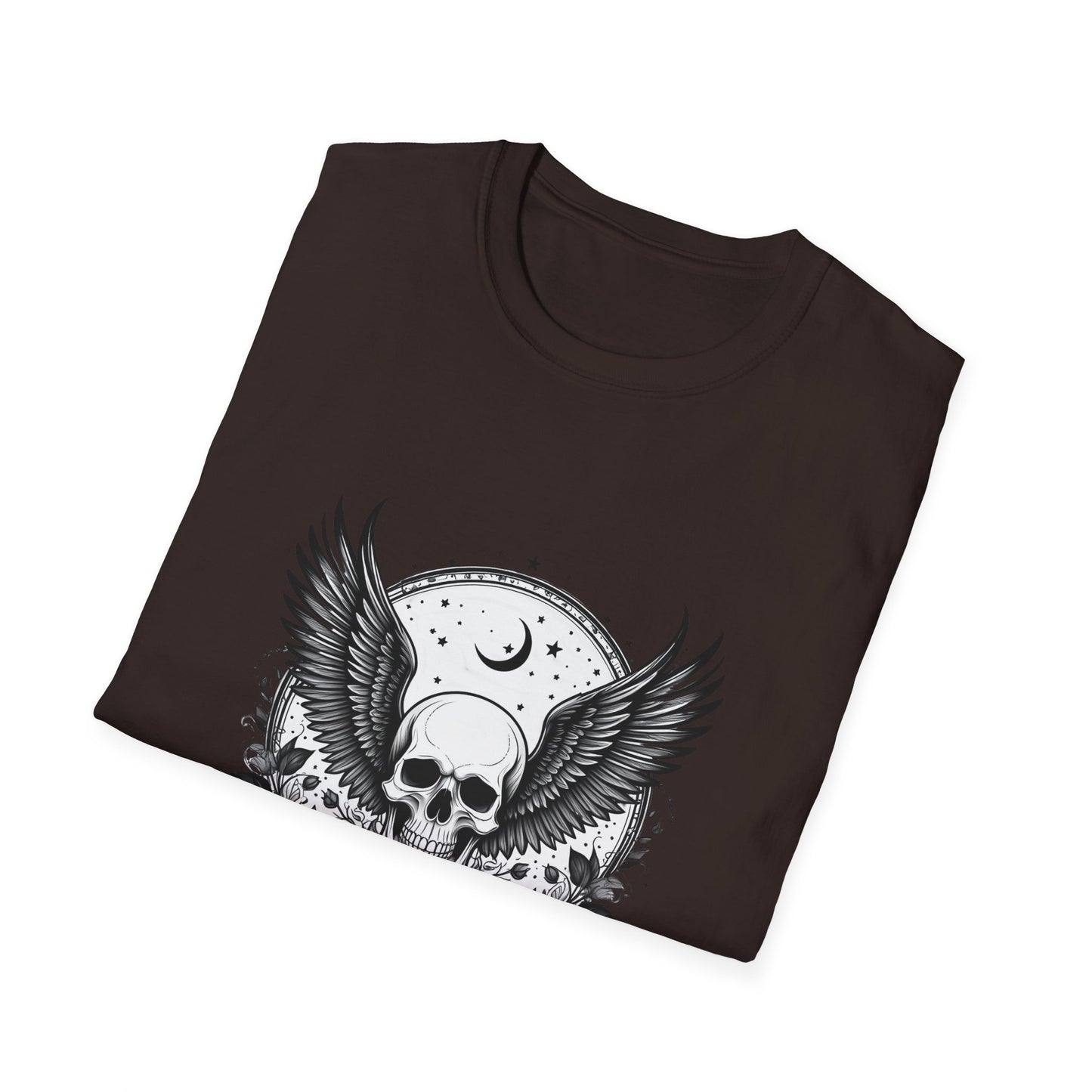 Skull Wings T‑Shirt – Crescent Moon & Red Roses Gothic Graphic Tee