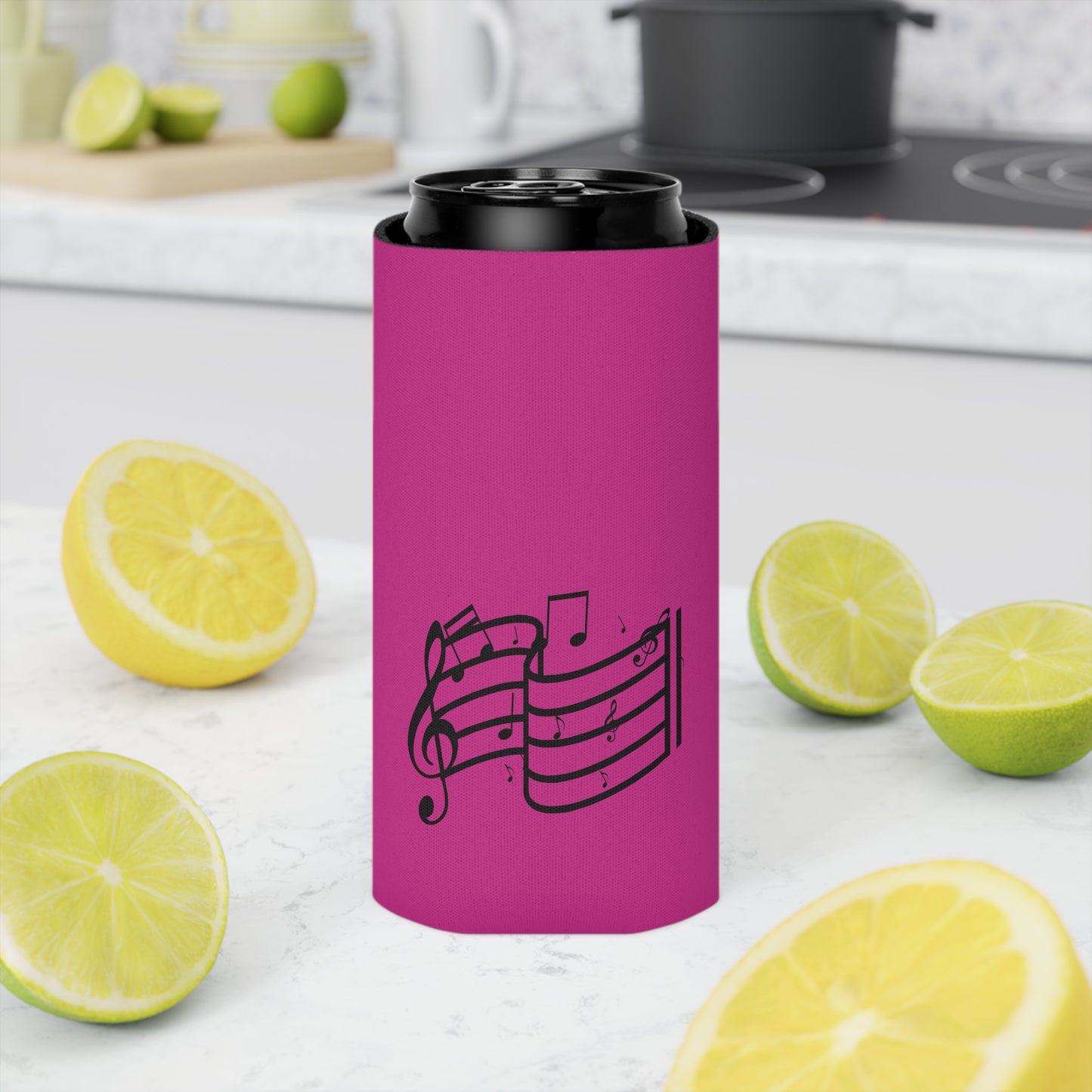 Musical Notes Can Cooler – Pink Neoprene Beverage Koozie for Music Lovers