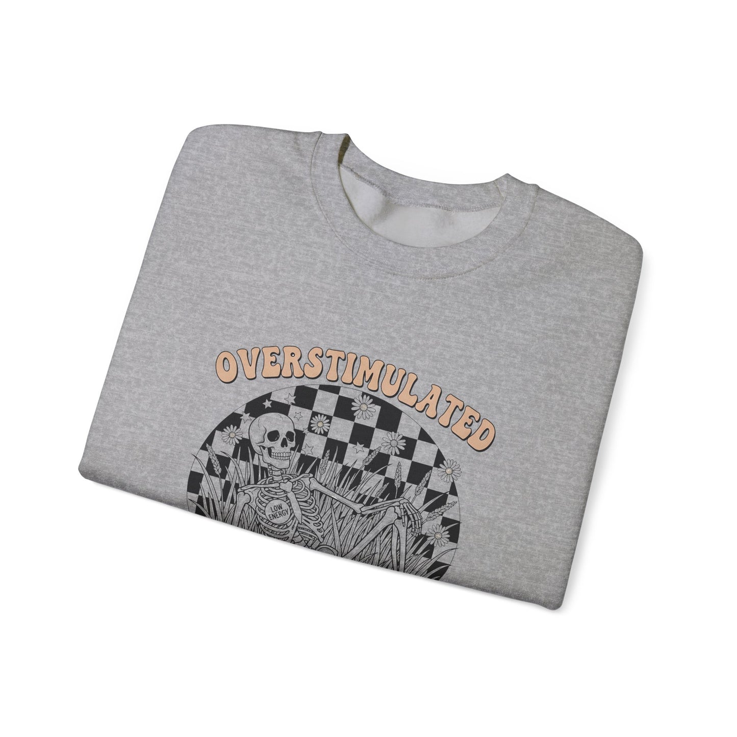 Sweatshirt — "Overstimulated and Still Cute" Skull Checkerboard Graphic Crewneck