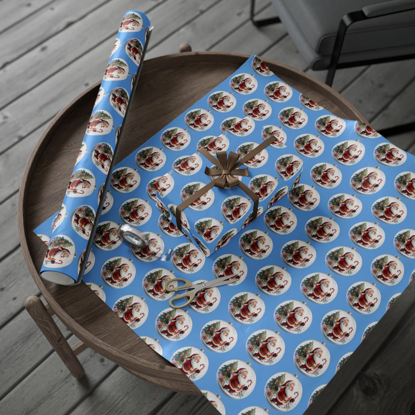 Santa Ornament Pattern Wrapping Paper – Blue Christmas Gift Wrap Roll