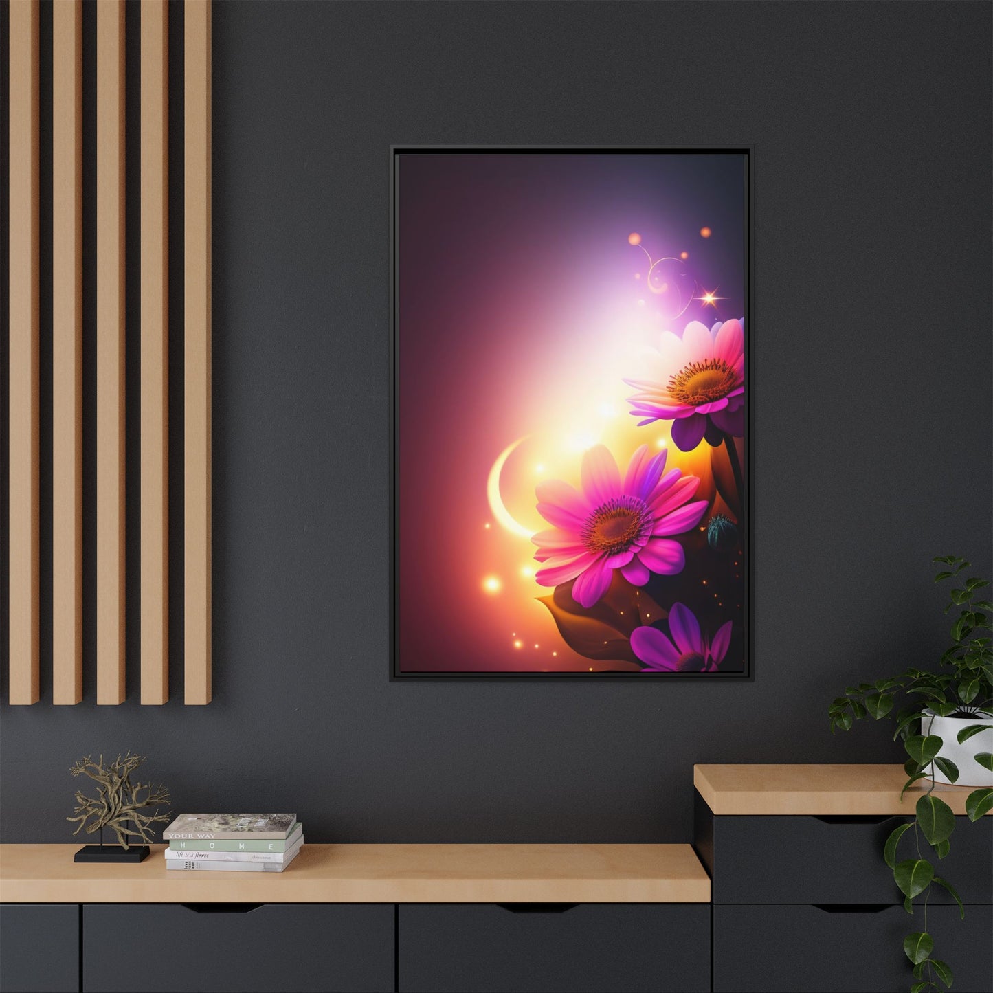 Framed Floral Canvas Art — Pink Daisies Sunset Wall Print