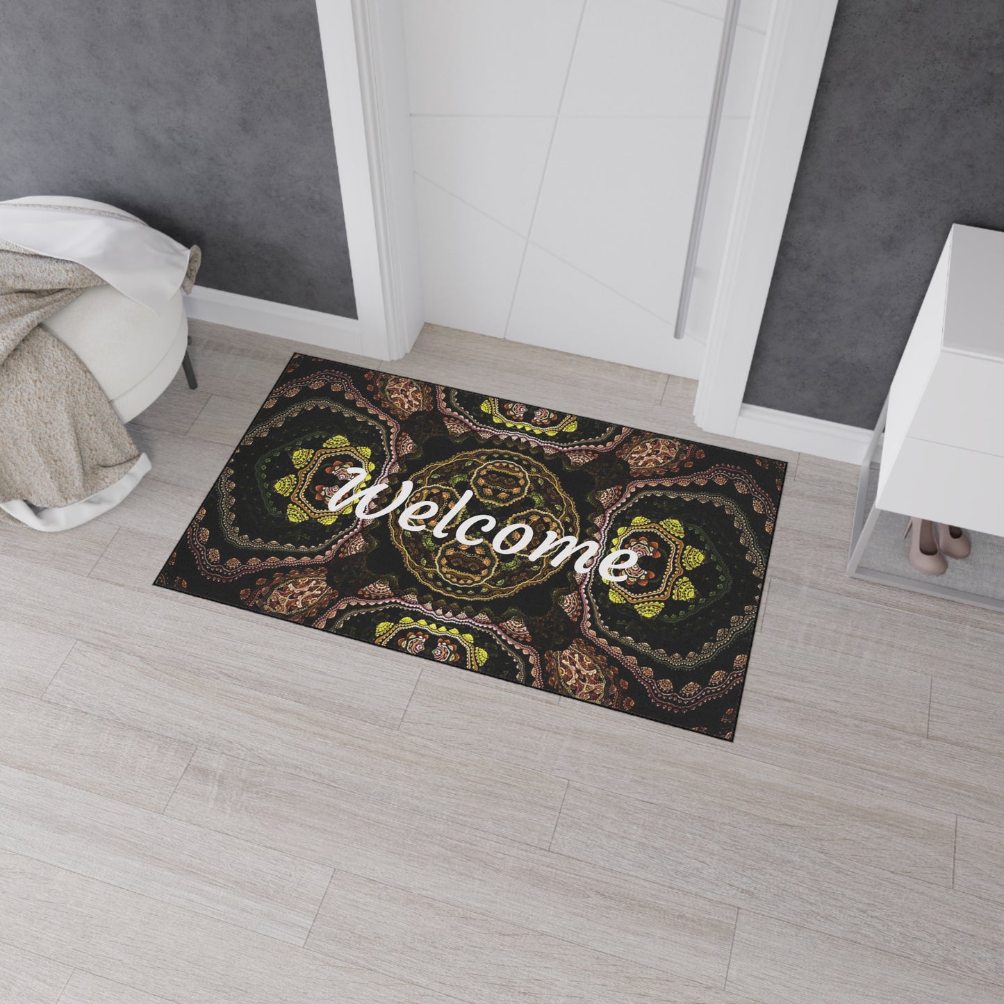 Welcome Heavy Duty Floor Mat — Boho Kaleidoscope Entrance Rug for Home & Office