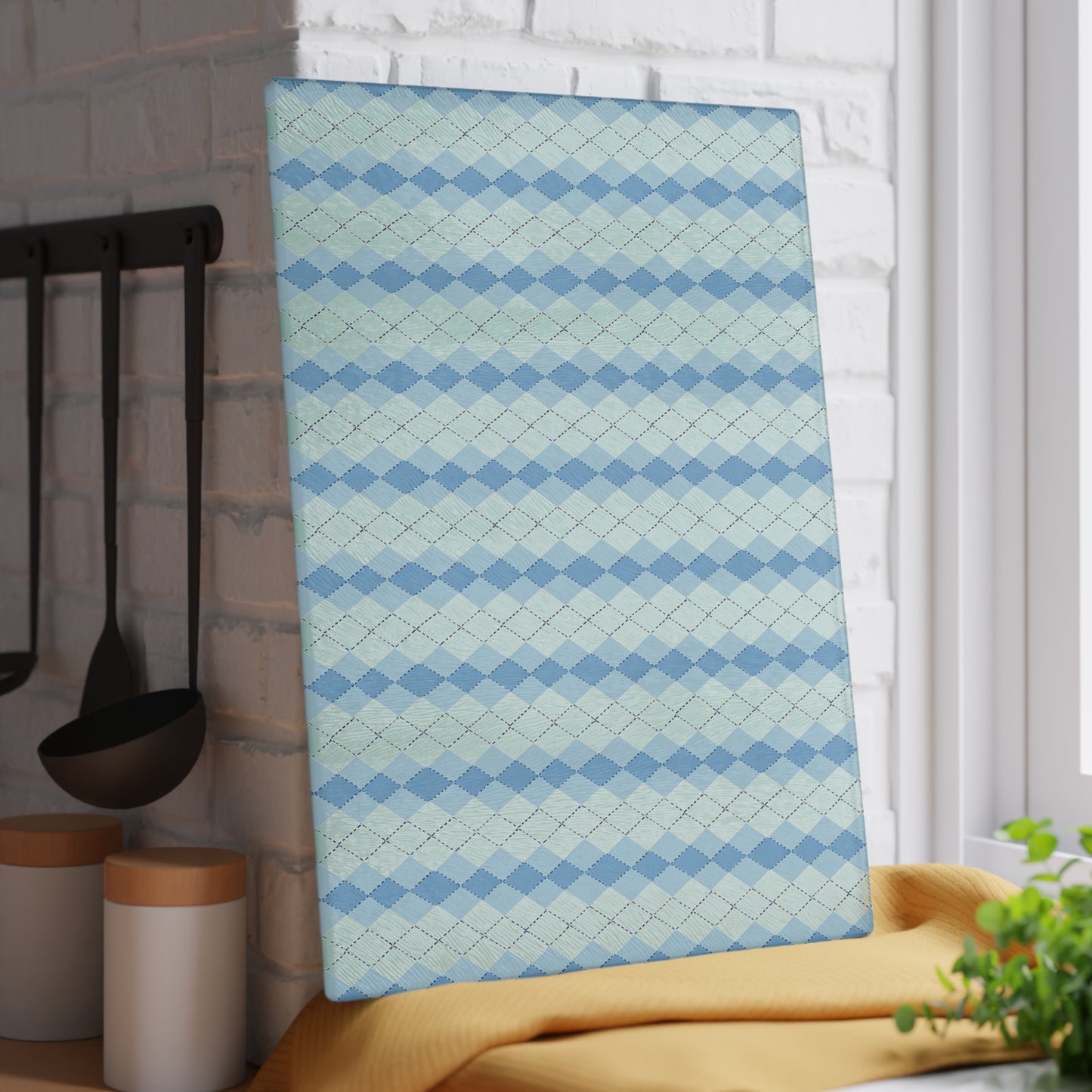 Argyle Pattern Glass Cutting Board — Blue Pastel Kitchen Prep Board
