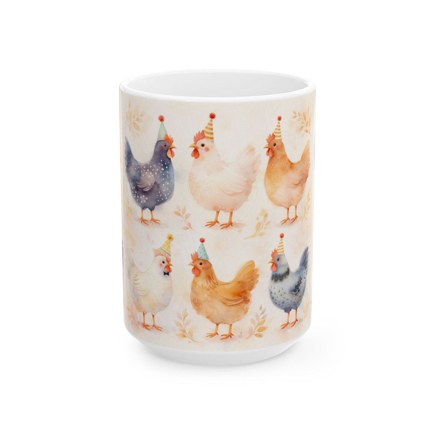 Cute Farm Chicken Mug — Watercolor Hens with Party Hats (11oz, 15oz)
