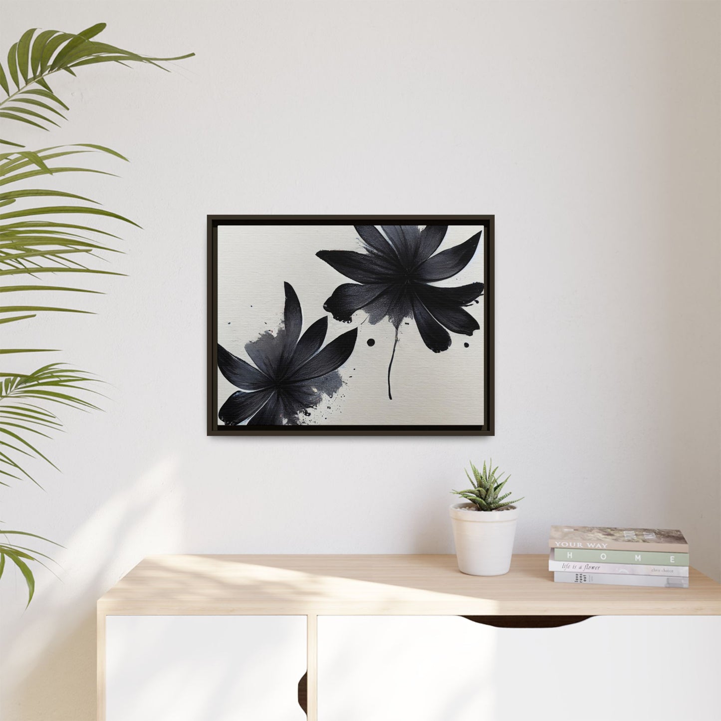 Framed Black Floral Matte Canvas Wall Art — Monochrome Botanical Print