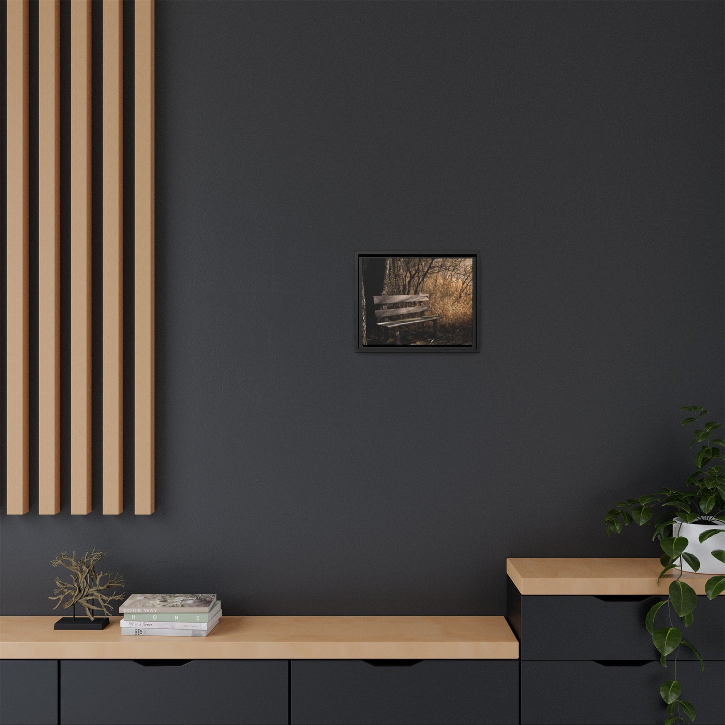 Framed Matte Canvas Print — Autumn Park Bench Photography
