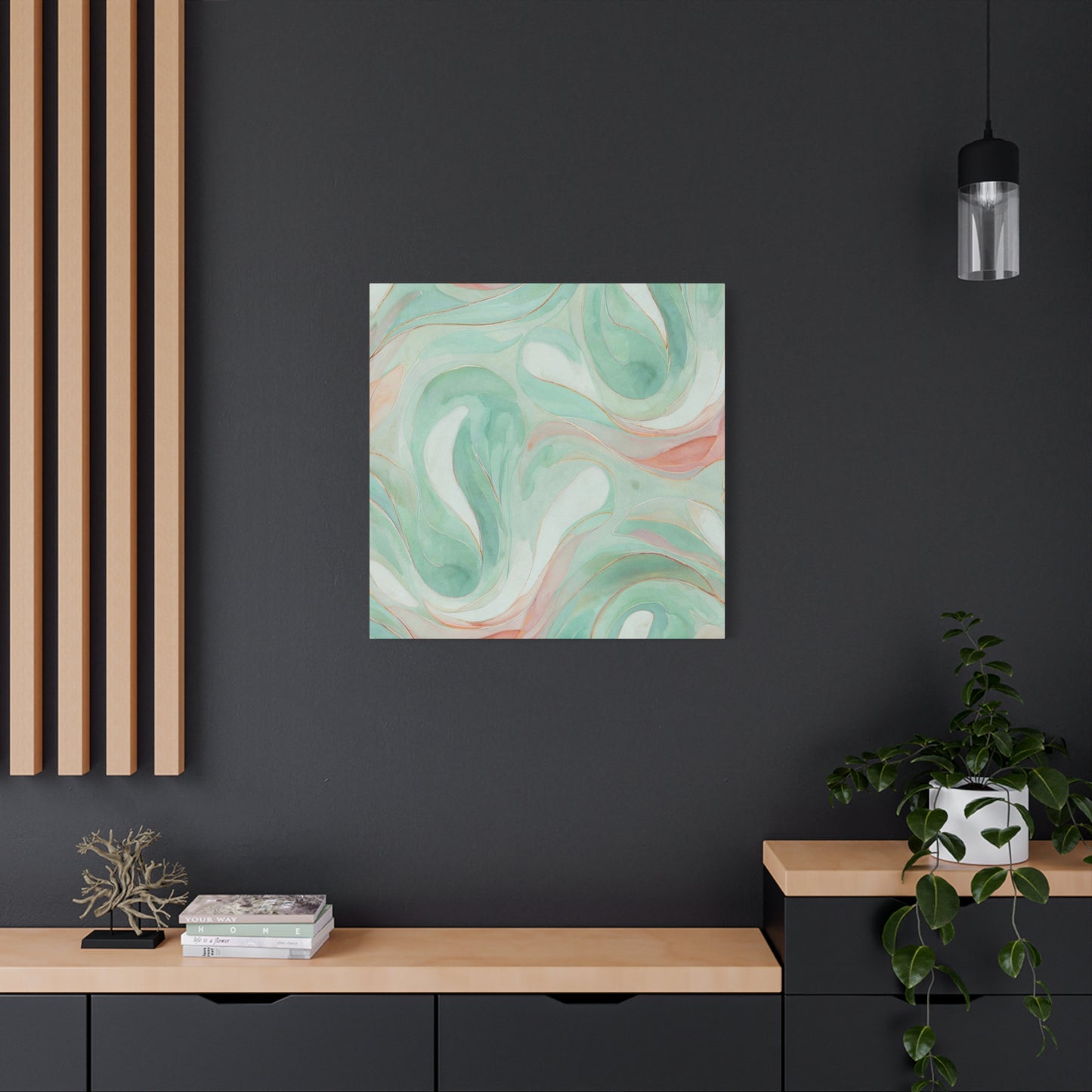 Abstract Green Marble Canvas Print — Teal & Coral Swirl Wall Art